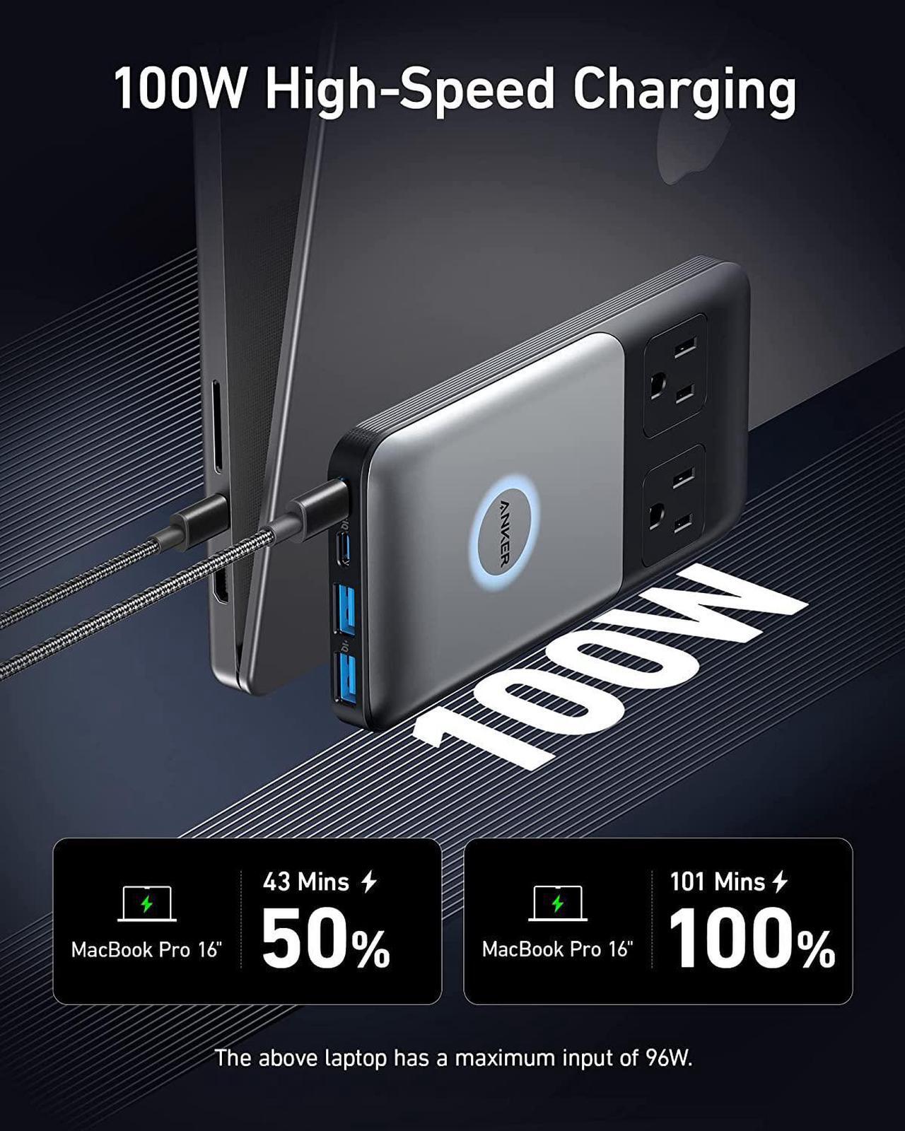 Alt view image 3 of 6 - Anker 727 Charging Station ( GaNPrime 100W ), Compact Power Strip for Travel and Work, 5ft Detachable Extension Cord with 2 Outlets and 4 USB Ports, for iPhone 13, Samsung, iPad, MacBook, and More.