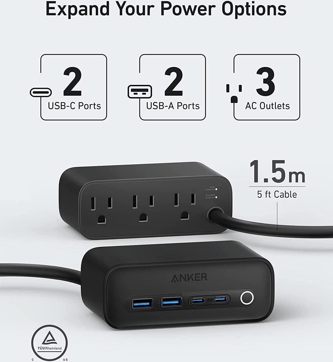 Alt view image 3 of 6 - Anker 525 Charging Station, 7-in-1 USB C Power Strip for iphone12/13, 5ft Extension Cord with 3AC,2USB A,2USB C,Max 65W Power Delivery Desktop Accessory for MacBook Pro, Home, Office (Phantom Black)