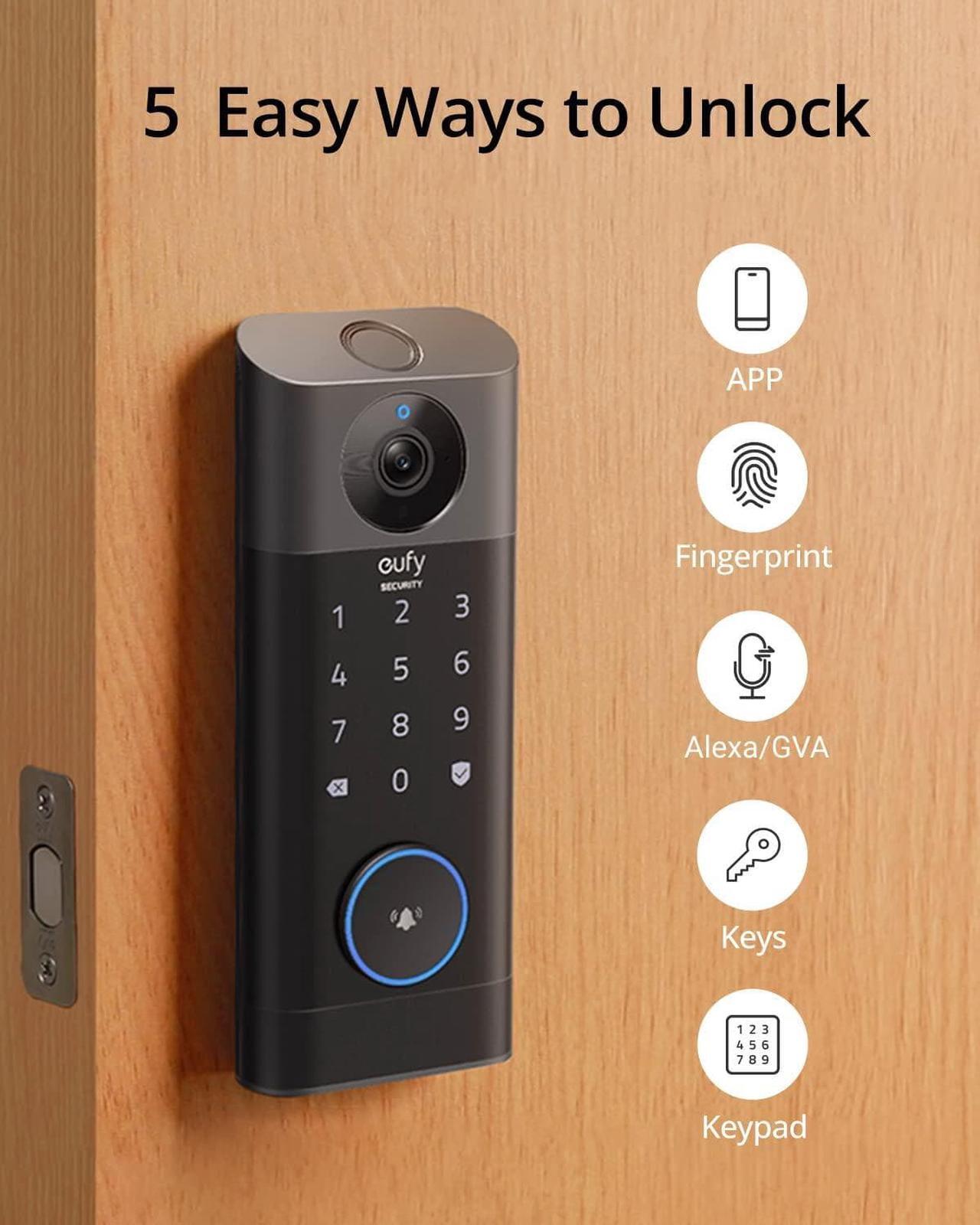 Alt view image 3 of 7 - eufy Security S330 Video Smart Lock, 3-in-1 Camera+Doorbell+Fingerprint Keyless Entry Door Lock, BHMA, WiFi Door Lock, App Remote Control, 2K HD, No Monthly Fee, Dual Motion Detection,SD Card Required