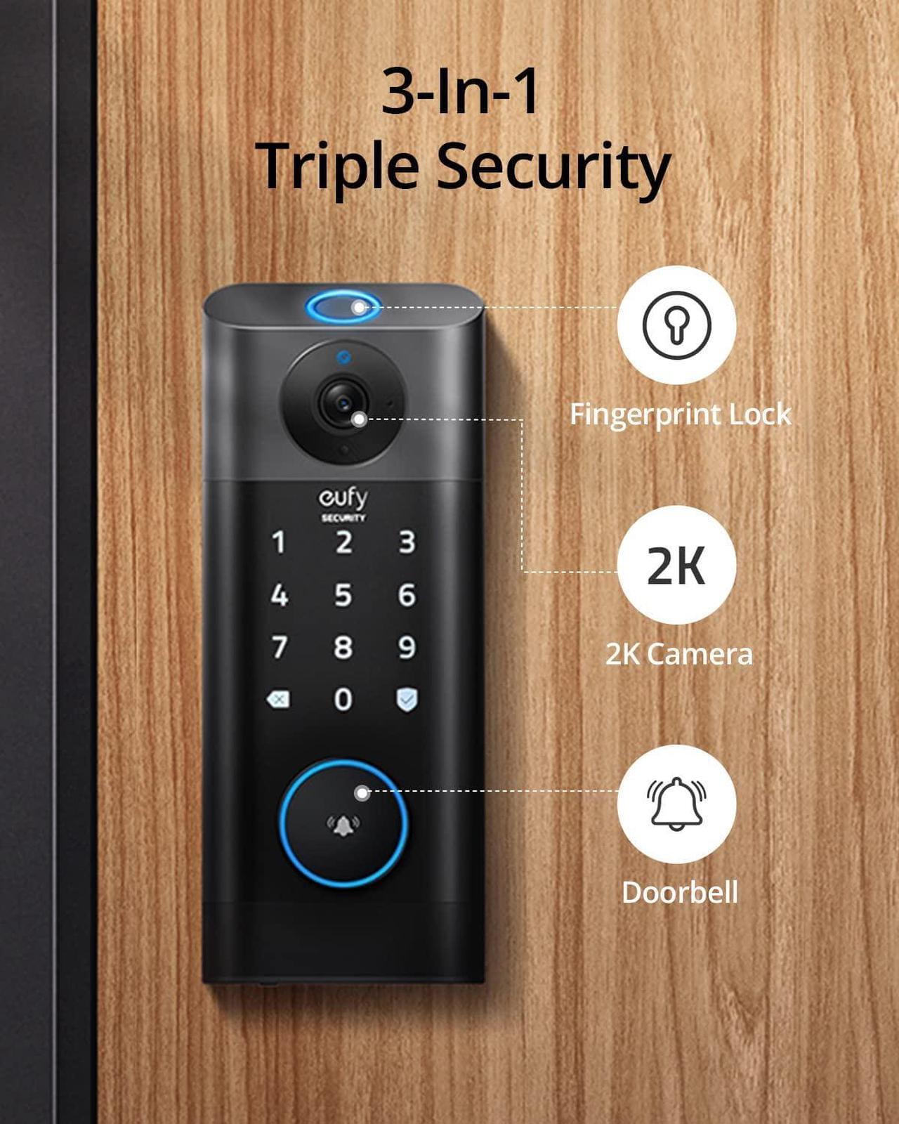 Alt view image 2 of 7 - eufy Security S330 Video Smart Lock, 3-in-1 Camera+Doorbell+Fingerprint Keyless Entry Door Lock, BHMA, WiFi Door Lock, App Remote Control, 2K HD, No Monthly Fee, Dual Motion Detection,SD Card Required