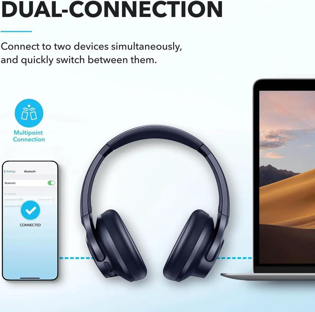 Alt view image 7 of 7 - soundcore by Anker Q20i Hybrid Active Noise Cancelling Headphones, Wireless Over-Ear Bluetooth, 40H Long ANC Playtime, Hi-Res Audio, Big Bass, Customize via an App, Transparency Mode - Blue