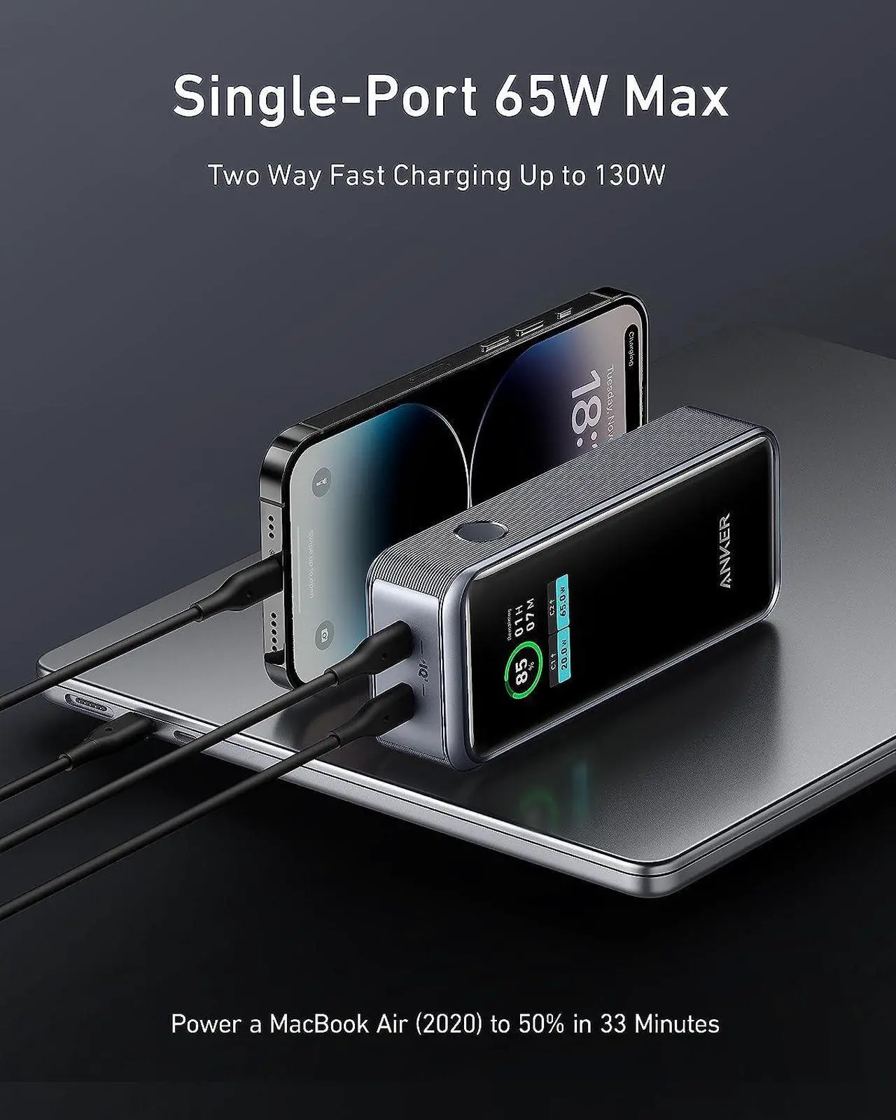 Alt view image 2 of 6 - Anker Prime Power Bank, 12,000mAh 2-Port Portable Charger with 130W Output, Smart Digital Display, Compatible with iPhone 14/13 Series, Samsung, MacBook, Dell, and More