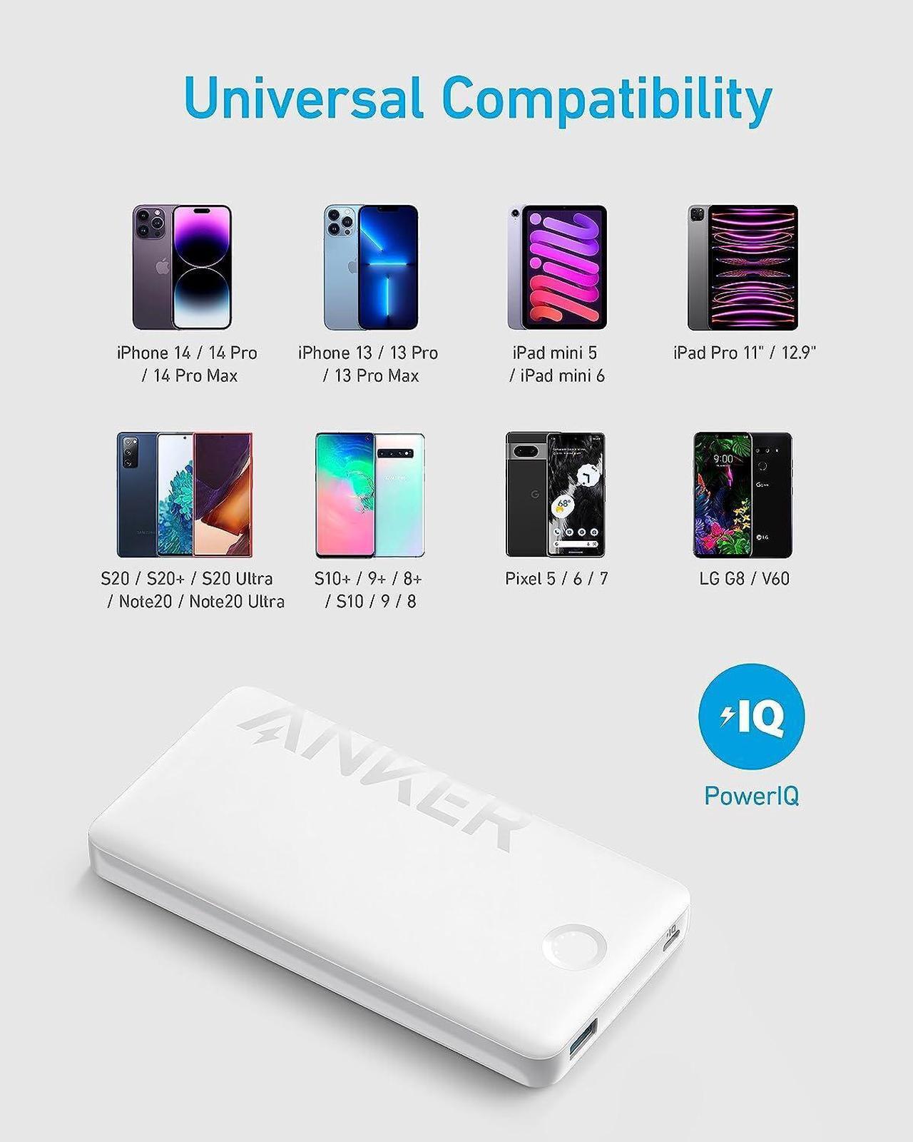 Alt view image 5 of 6 - Anker USB-C Power Bank, 10,000mAh Portable Charger (PowerCore PIQ), High-Capacity Battery Pack for iPhone 14/14 Pro / 15 Pro Max/Samsung/Pixel/LG (Cable and Charger Not Included) White