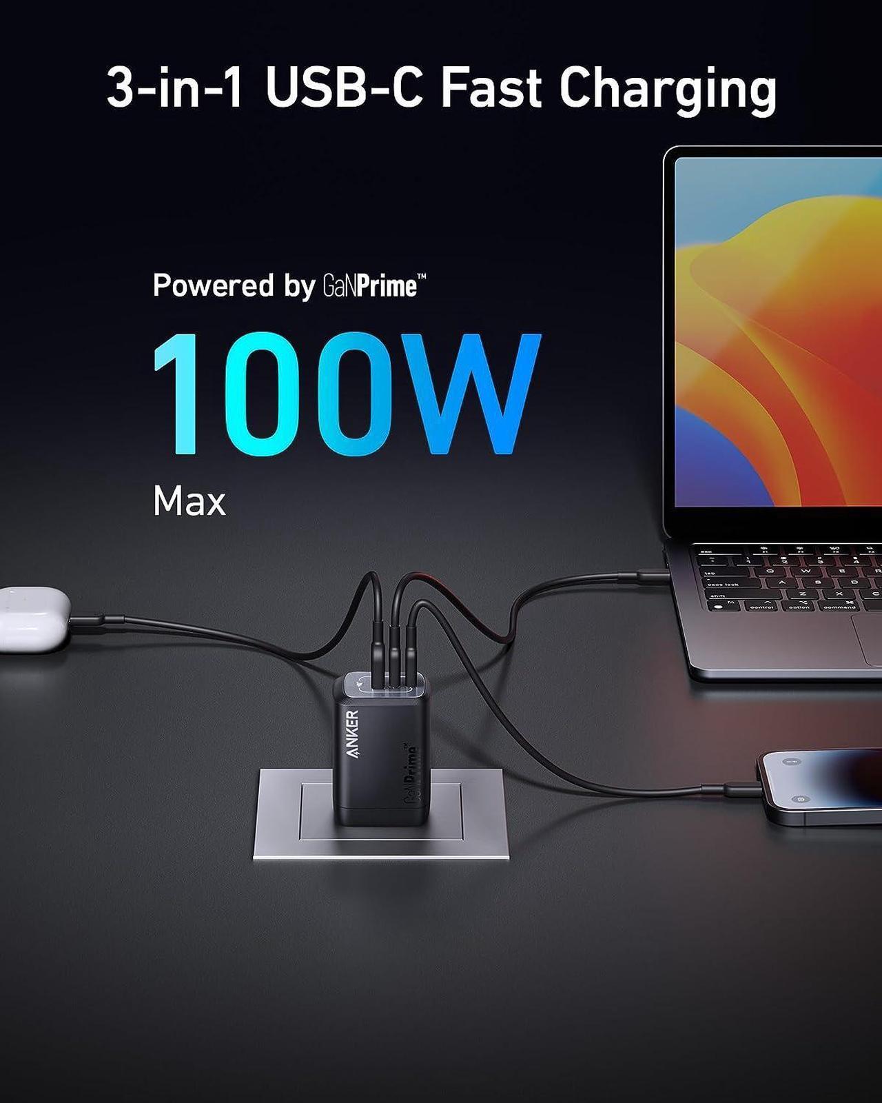 Alt view image 2 of 6 - Anker Prime 100W USB C Charger, Anker GaN Wall Charger, 3-Port Compact Fast PPS Charger, for MacBook Pro/Air, Pixelbook, iPad Pro, iPhone 15/Pro, Galaxy S23/S22, Note20, Pixel, Apple Watch, and More