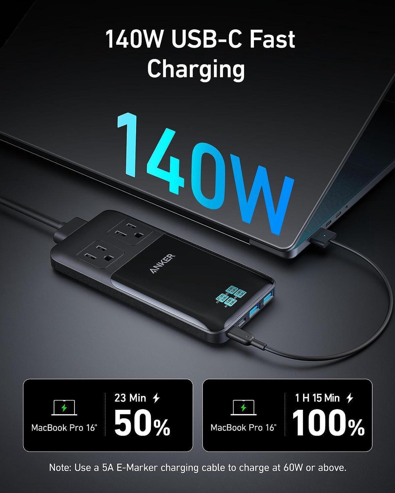 Alt view image 3 of 6 - Anker Prime 6-in-1 USB C Charging Station, 140W Compact Power Strip for Work and Travel, 5 ft Detachable Extension Cord with 6 Ports, for iPhone 14, Galaxy, MacBook, and More (Non-Battery/Wireless)