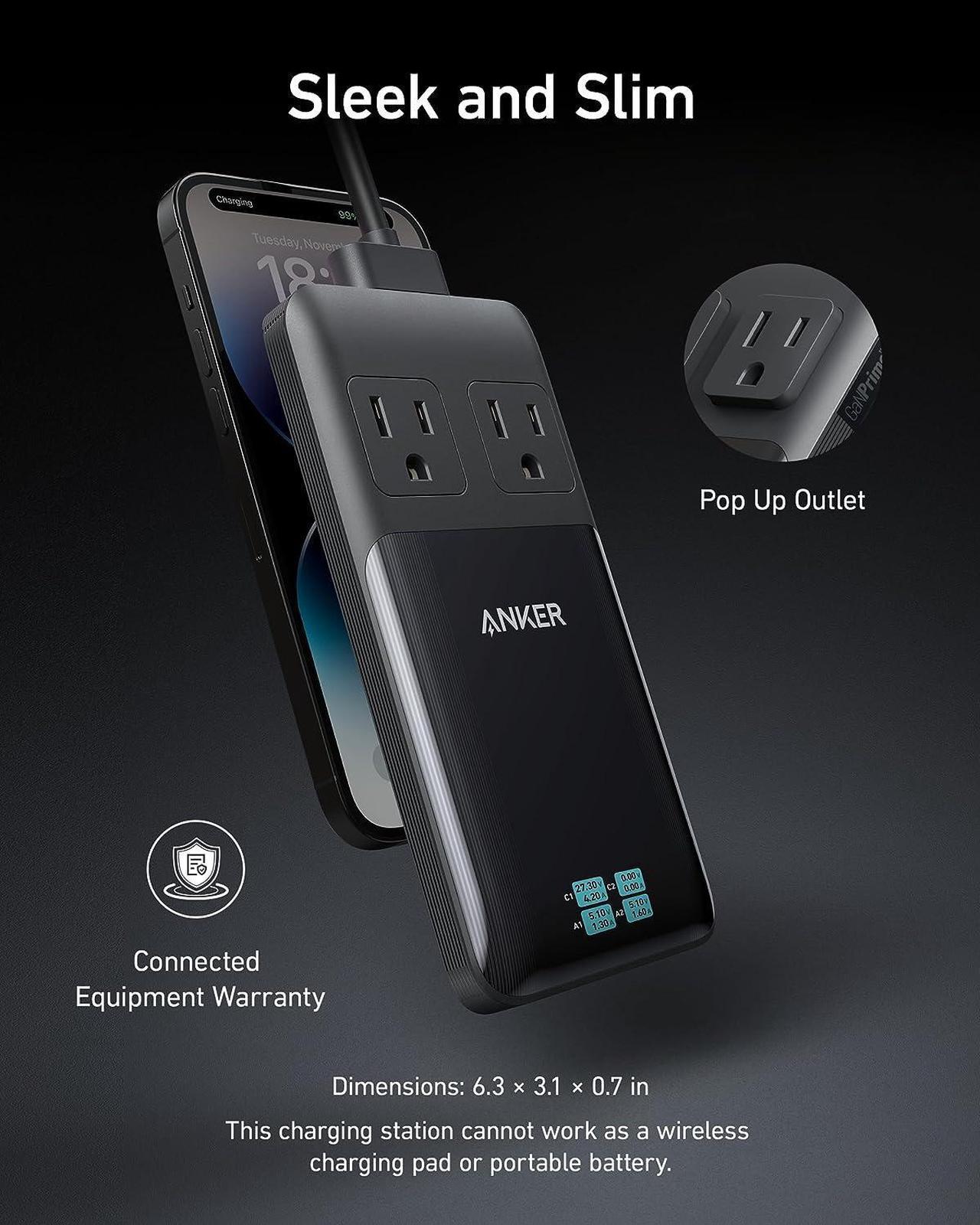 Alt view image 4 of 6 - Anker Prime 6-in-1 USB C Charging Station, 140W Compact Power Strip for Work and Travel, 5 ft Detachable Extension Cord with 6 Ports, for iPhone 14, Galaxy, MacBook, and More (Non-Battery/Wireless)
