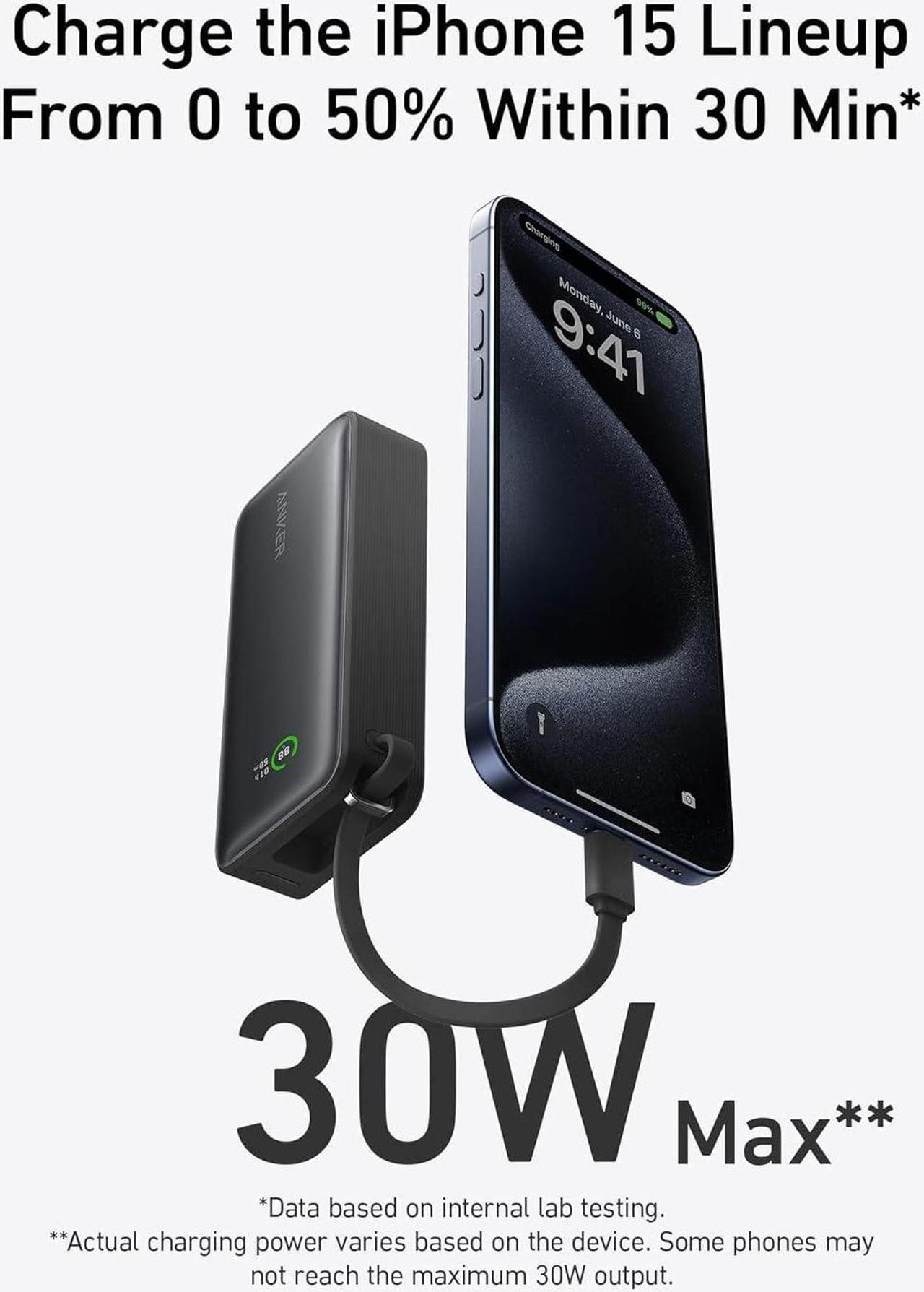 Alt view image 2 of 6 - Anker Nano Power Bank, 10,000mAh Portable Charger with Built-in USB-C Cable, PD 30W Max Output with 1 USB-C, 1 USB-A, Compatible for iPhone 15/15 Plus/15 Pro/15 Pro Max, MacBook, Galaxy, iPad