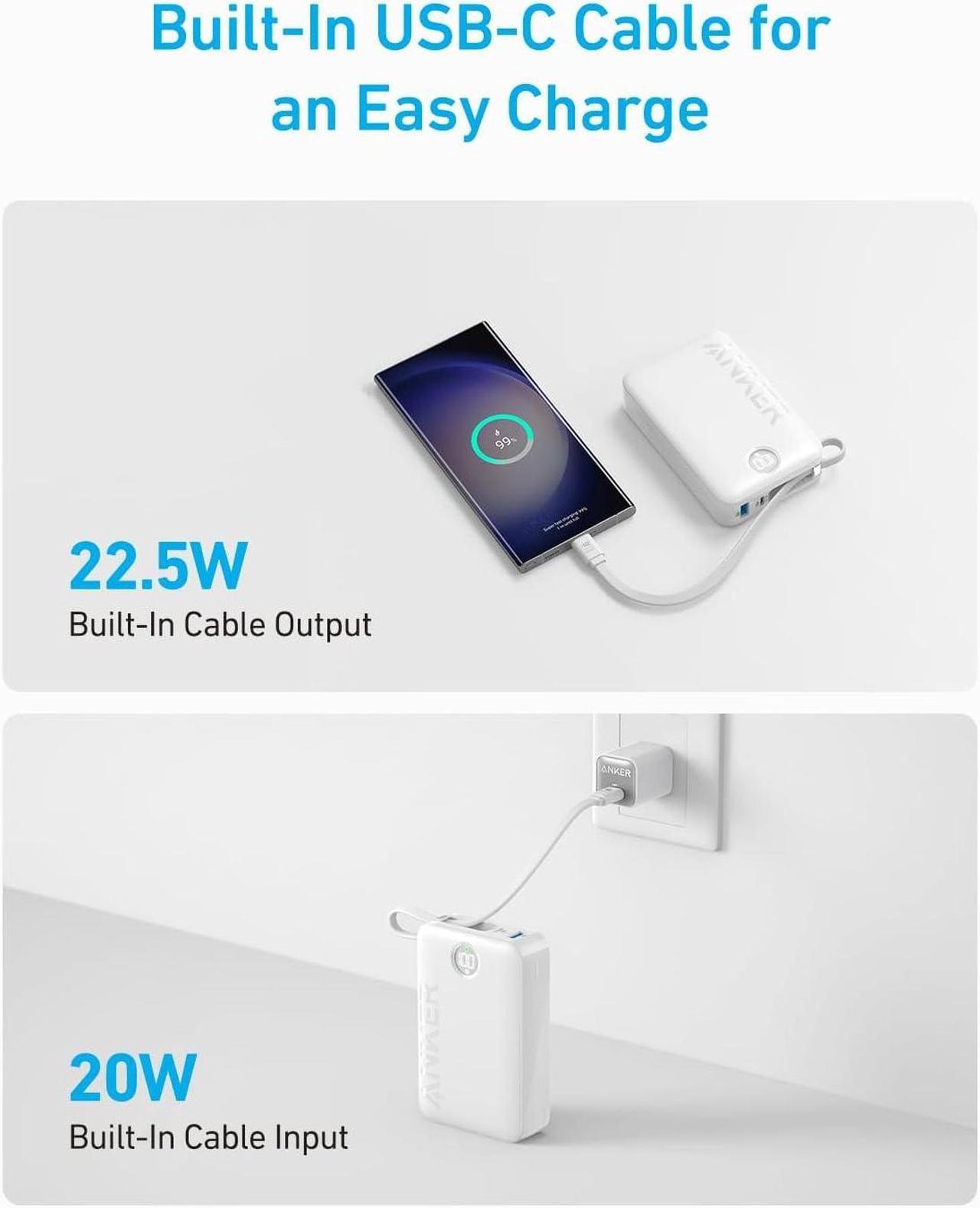 Alt view image 2 of 6 - Anker 20,000mAh Portable Charger, 22.5W High-Speed Charging Power Bank with Built-in USB-C Cable, 1 USB-C, 1 USB-A, Battery Pack for iPhone 15/15 Plus/15 Pro/15 Pro Max, MacBook, Galaxy White