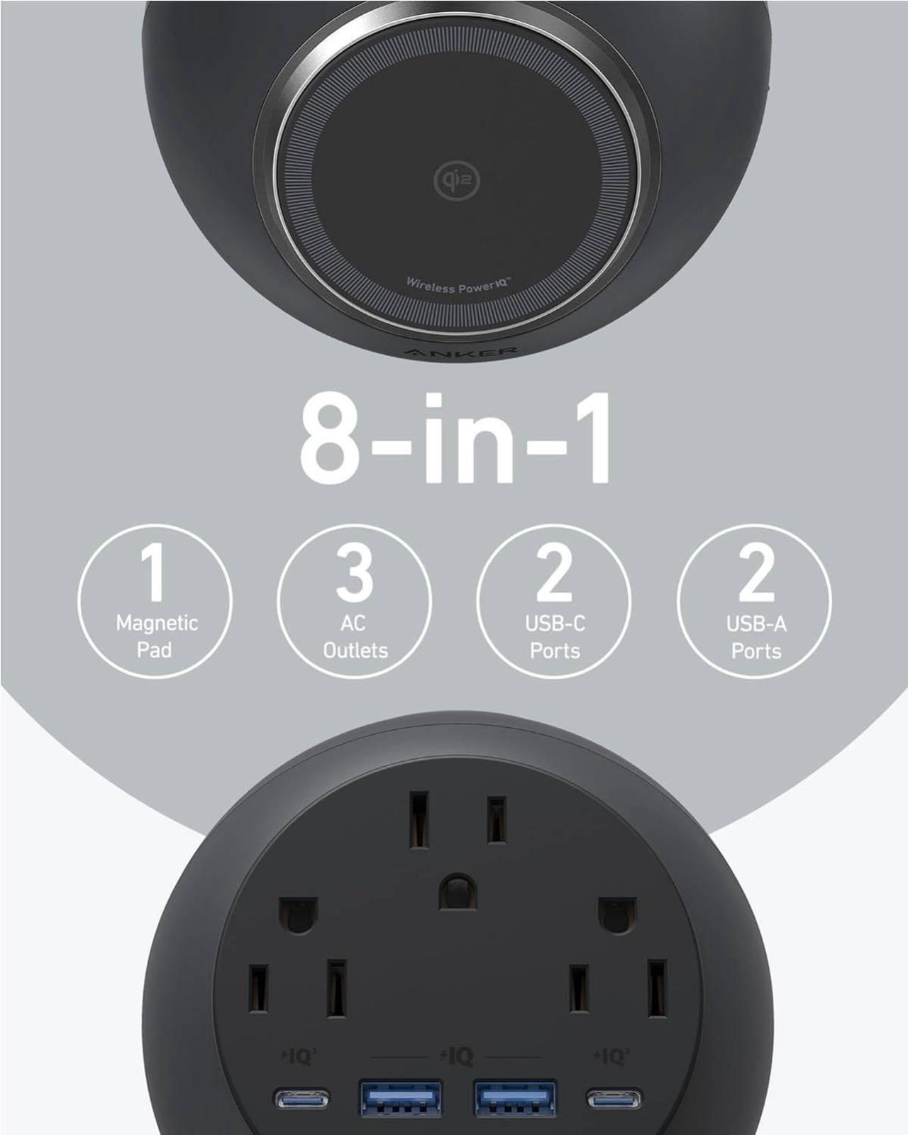 Alt view image 4 of 6 - Anker MagGo Magnetic Charging Station, Qi2 Compatible 15W Ultra-Fast MagSafe Wireless Charger for iPhone 15/14/13, 8-in-1 Power Strip with 3 AC and 4 USB Desktop Charger for MacBook and More