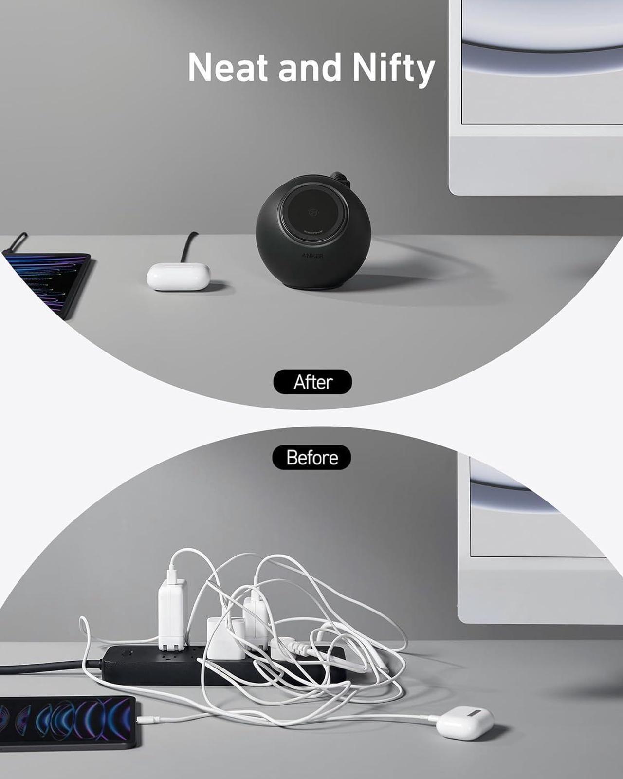 Alt view image 3 of 6 - Anker MagGo Magnetic Charging Station, Qi2 Compatible 15W Ultra-Fast MagSafe Wireless Charger for iPhone 15/14/13, 8-in-1 Power Strip with 3 AC and 4 USB Desktop Charger for MacBook and More