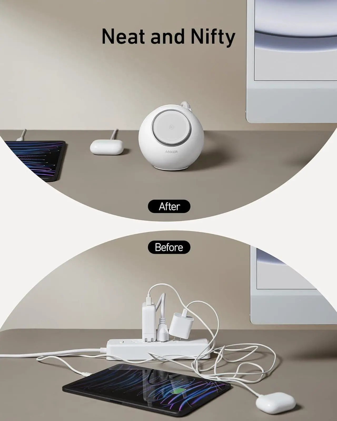 Alt view image 3 of 7 - Anker MagGo Magnetic Charging Station, Qi2 Compatible 15W Ultra-Fast MagSafe Wireless Charger for iPhone 15/14/13, 8-in-1 Power Strip with 3 AC and 4 USB Desktop Charger for MacBook and More White