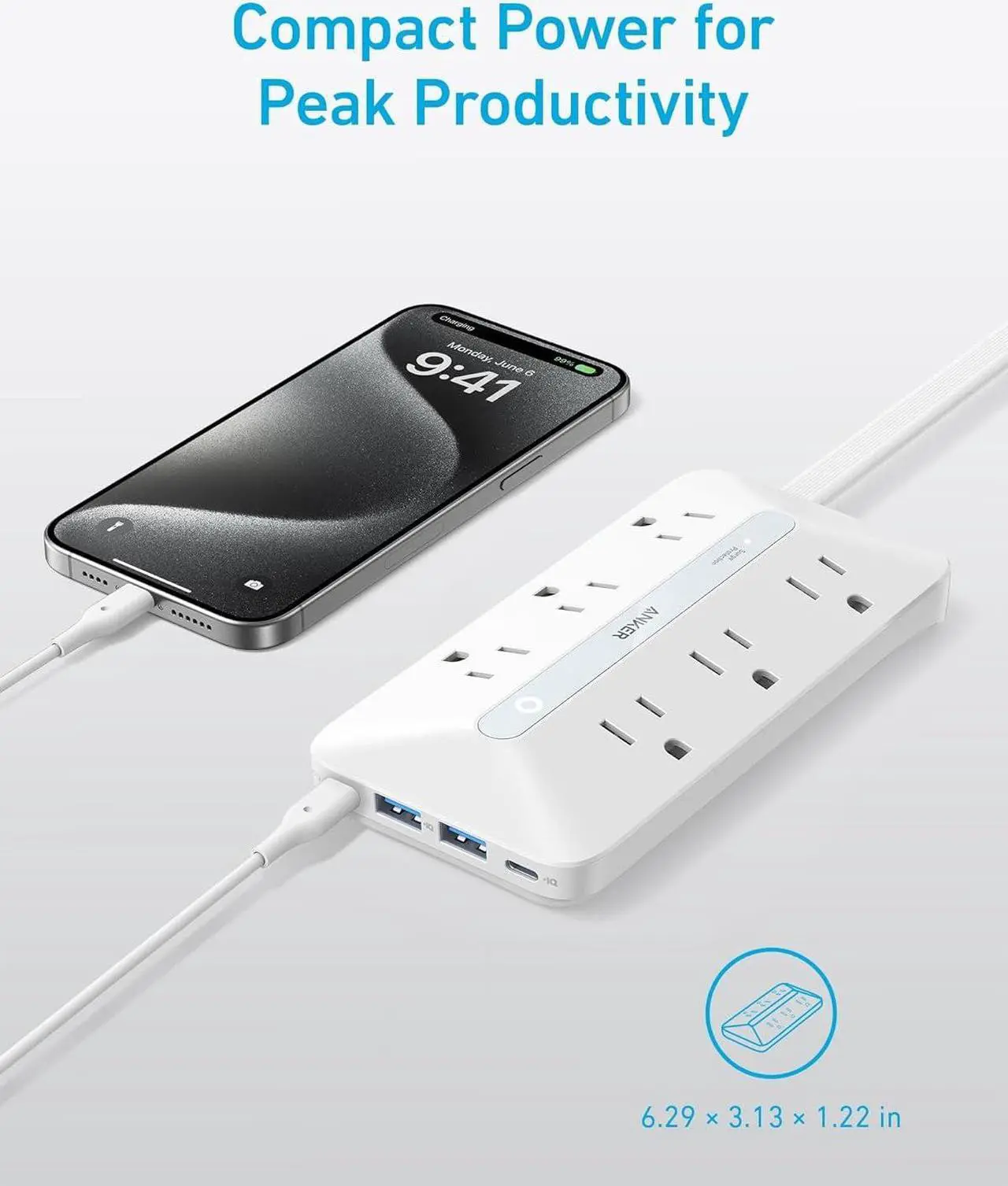 Alt view image 2 of 6 - Flat Plug Power Strip 300J, Anker USB C Power Strip, 10-in-1 Ultra Thin Power Strip with 6 AC, 2 USB A and 2 USB C Ports,5ft Extension Cord, Desk Charging Station,Home Office College Dorm Room White