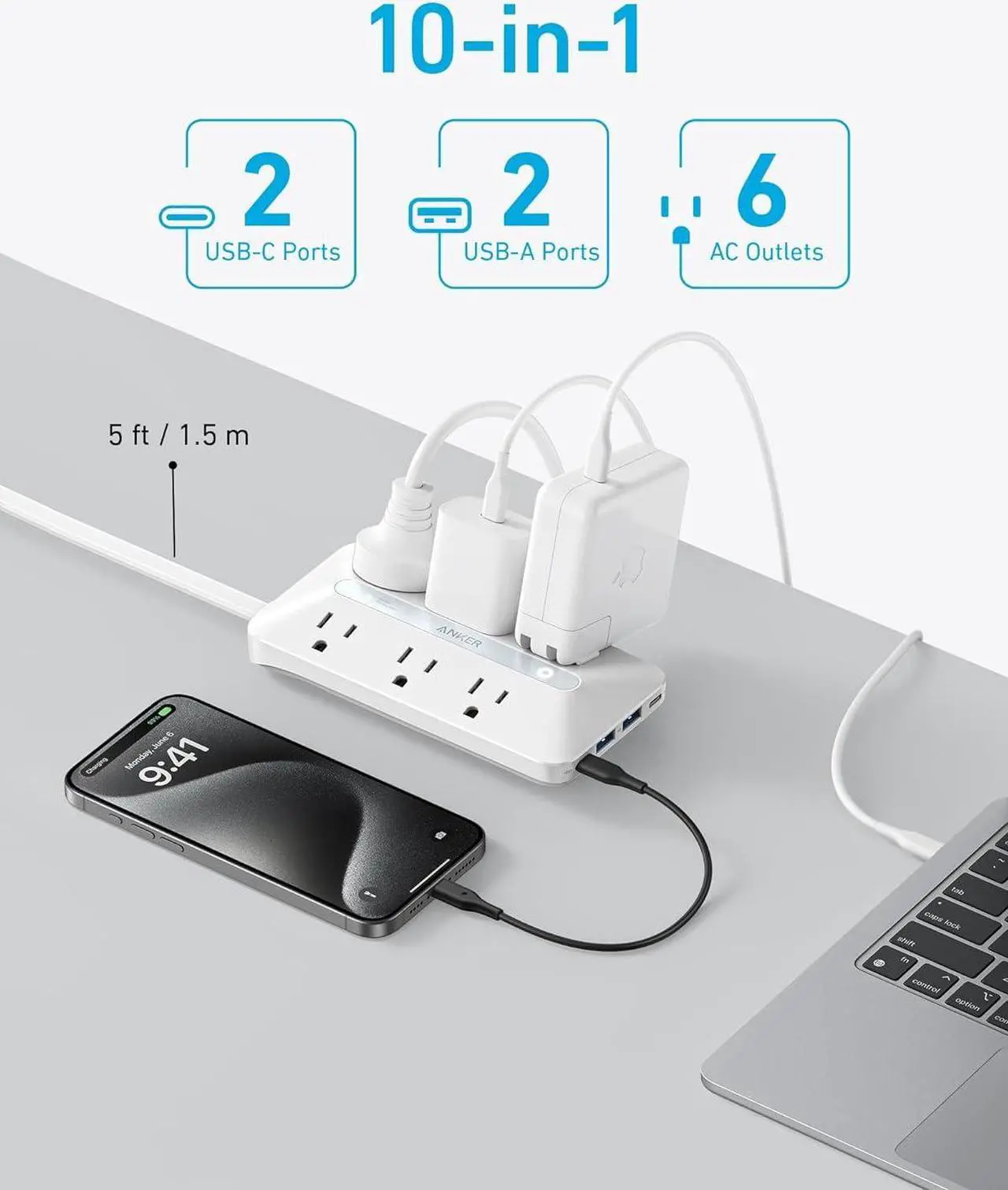 Alt view image 3 of 6 - Flat Plug Power Strip 300J, Anker USB C Power Strip, 10-in-1 Ultra Thin Power Strip with 6 AC, 2 USB A and 2 USB C Ports,5ft Extension Cord, Desk Charging Station,Home Office College Dorm Room White