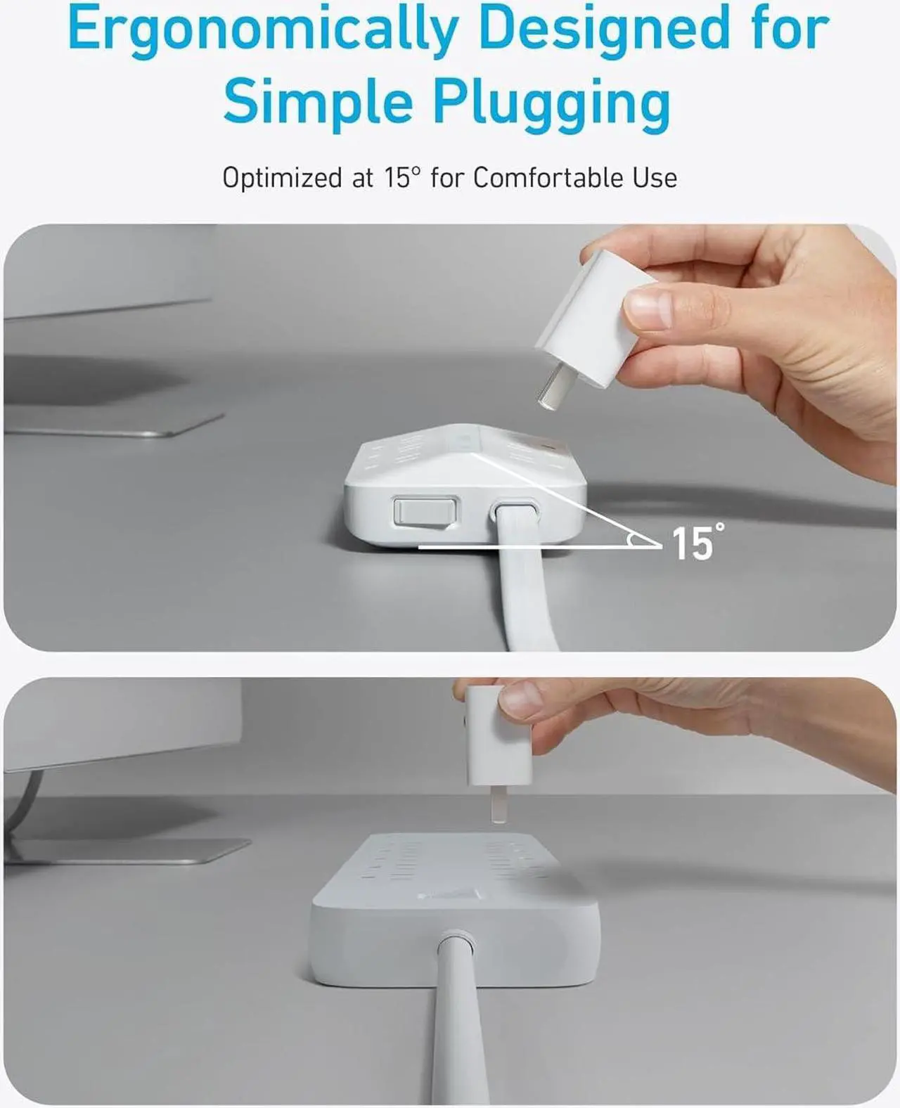 Alt view image 4 of 6 - Flat Plug Power Strip 300J, Anker USB C Power Strip, 10-in-1 Ultra Thin Power Strip with 6 AC, 2 USB A and 2 USB C Ports,5ft Extension Cord, Desk Charging Station,Home Office College Dorm Room White
