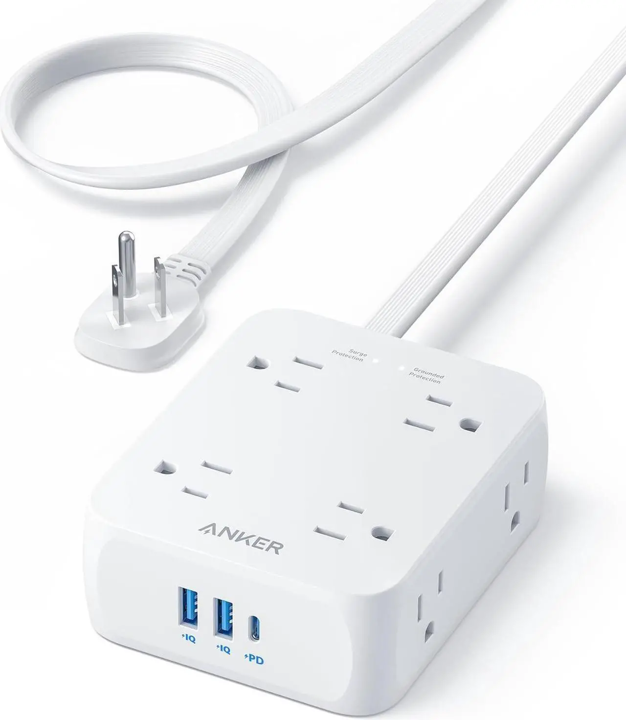 Main image of Surge Protector Flat Plug Power Strip 2000J, Anker 5ft Thin Extension Cord with 8 Outlets, 2 USB A and 1 USB C Port, 20W for iPhone15, Wall Mount, Compact for Home, Office, Room, TUV Listed