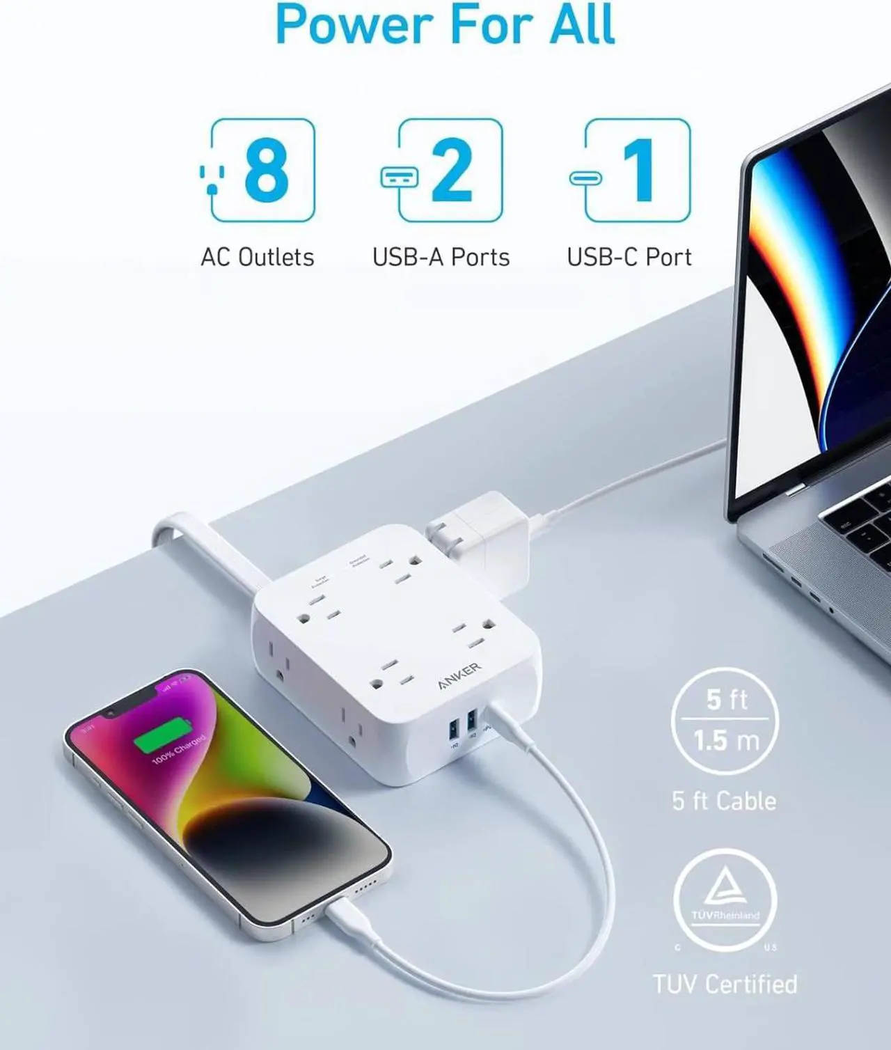 Alt view image 2 of 7 - Surge Protector Flat Plug Power Strip 2000J, Anker 5ft Thin Extension Cord with 8 Outlets, 2 USB A and 1 USB C Port, 20W for iPhone15, Wall Mount, Compact for Home, Office, Room, TUV Listed