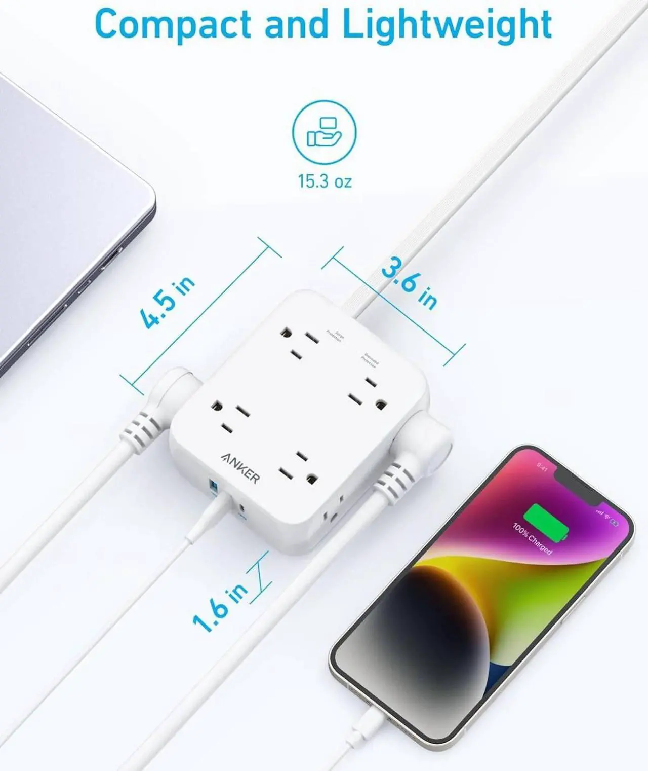 Alt view image 5 of 7 - Surge Protector Flat Plug Power Strip 2000J, Anker 5ft Thin Extension Cord with 8 Outlets, 2 USB A and 1 USB C Port, 20W for iPhone15, Wall Mount, Compact for Home, Office, Room, TUV Listed