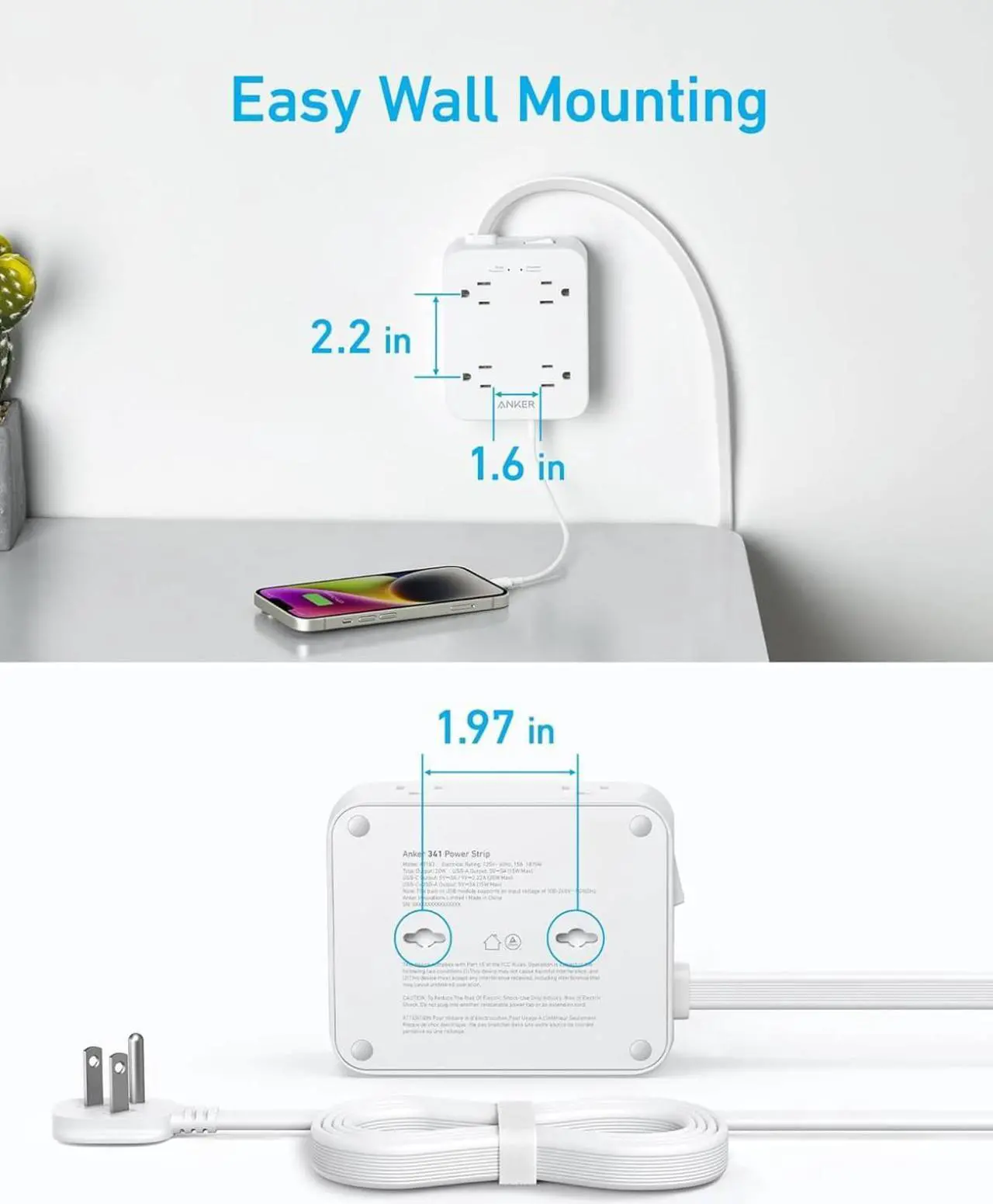 Alt view image 6 of 7 - Surge Protector Flat Plug Power Strip 2000J, Anker 5ft Thin Extension Cord with 8 Outlets, 2 USB A and 1 USB C Port, 20W for iPhone15, Wall Mount, Compact for Home, Office, Room, TUV Listed