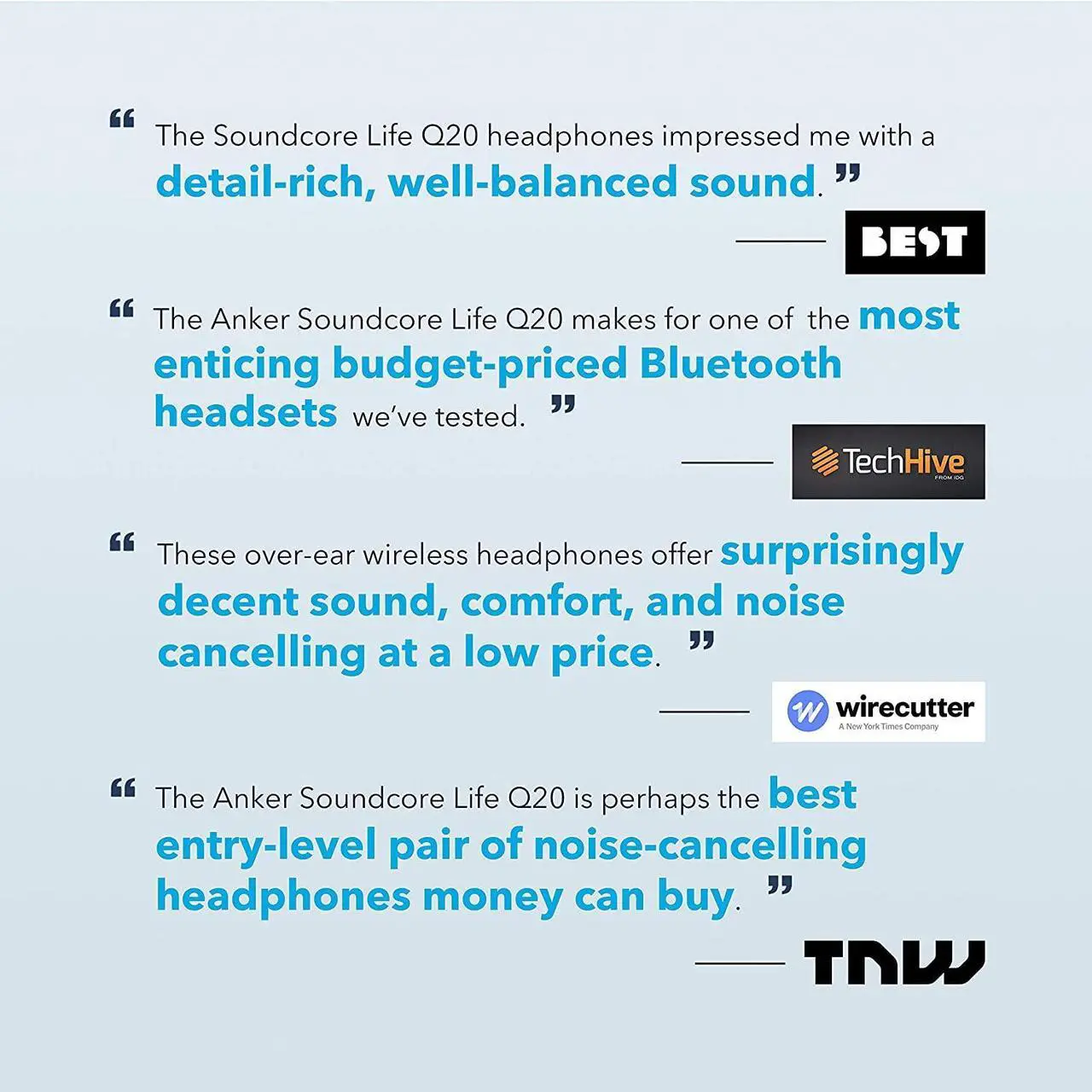Alt view image 2 of 7 - Anker Soundcore Life Q20 Hybrid Active Noise Cancelling Headphones, Wireless Over Ear Bluetooth Headphones with 40H Playtime, Hi-Res Audio, Deep Bass, Memory Foam Ear Cups and Headband (Renewed) Blue