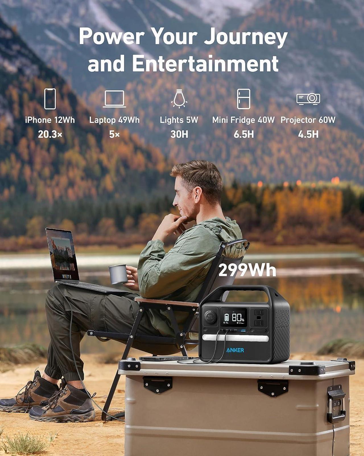 Alt view image 3 of 6 - Anker 522 Portable Power Station, 299Wh Solar Generator (Solar Panel Optional), LiFePO4 Battery Pack, 300W (Peak 600W) PowerHouse, 6 Ports, 2 AC Outlets, 60W/20W USB-C PD Ports, LED for Camping and RV
