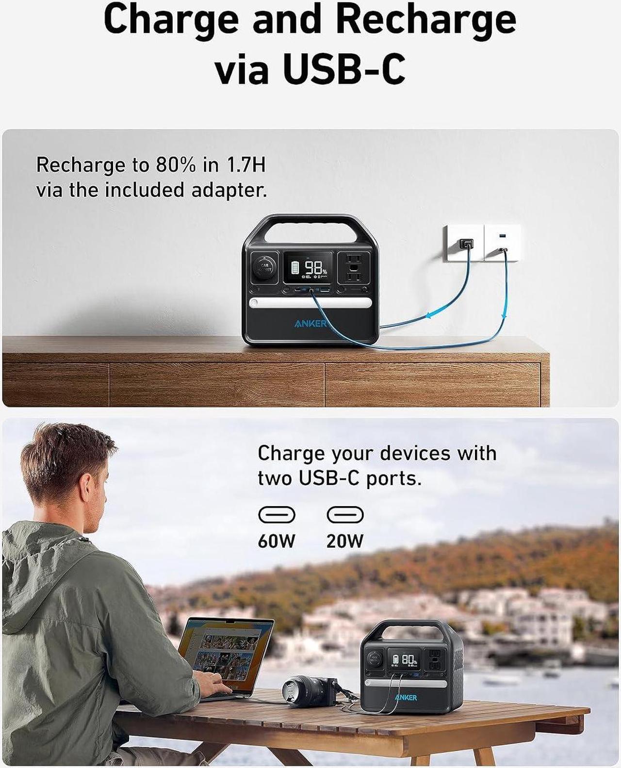 Alt view image 5 of 6 - Anker 522 Portable Power Station, 299Wh Solar Generator (Solar Panel Optional), LiFePO4 Battery Pack, 300W (Peak 600W) PowerHouse, 6 Ports, 2 AC Outlets, 60W/20W USB-C PD Ports, LED for Camping and RV
