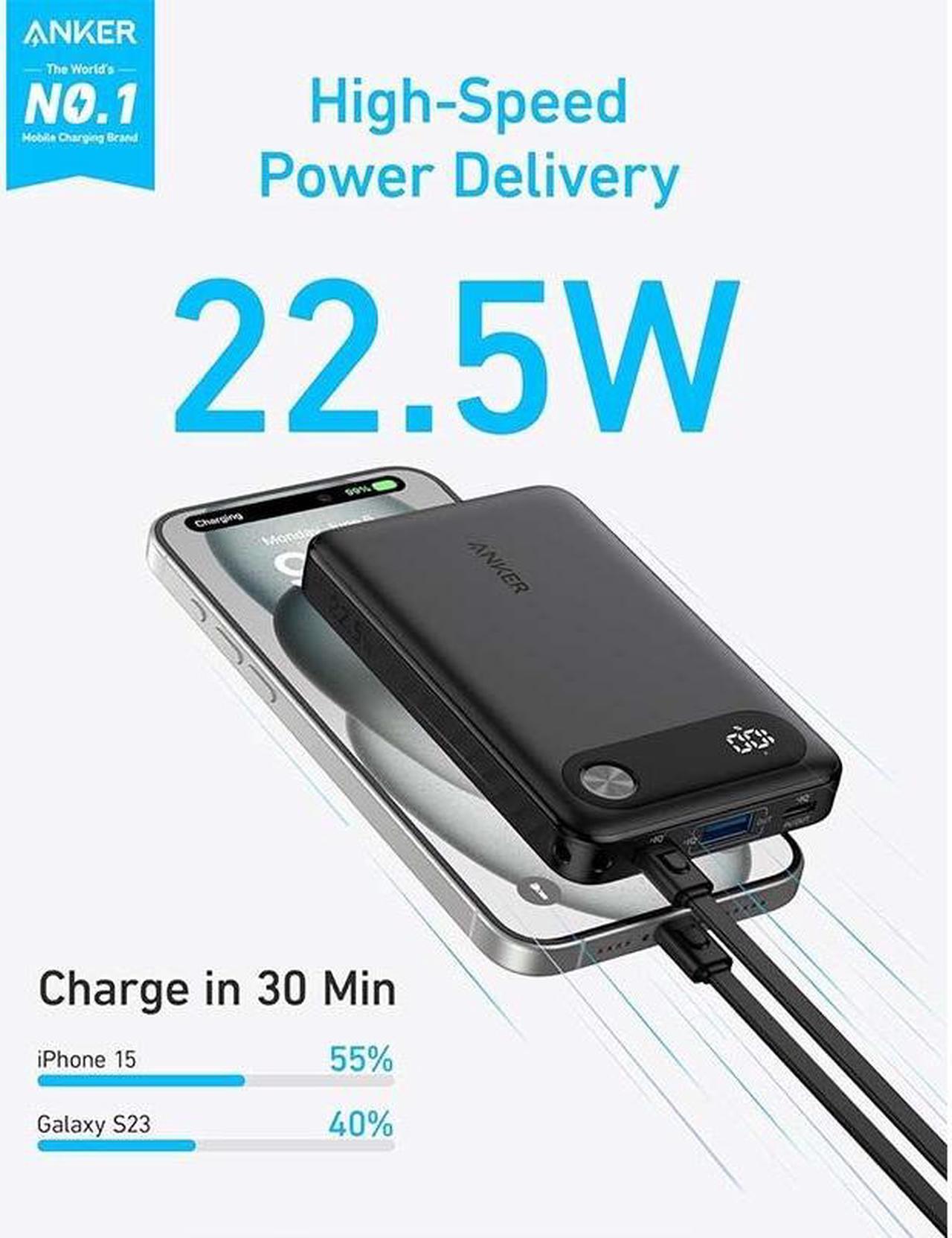 Alt view image 2 of 6 - Anker Power Bank, 10,000mAh Portable Charger with Built-in USB-C Cable and Lanyard, 22.5W Max Output with 2 USB-C and 1 USB-A Port, Battery Pack for iPhone 15/14, Galaxy S23, iPad, AirPods, and More