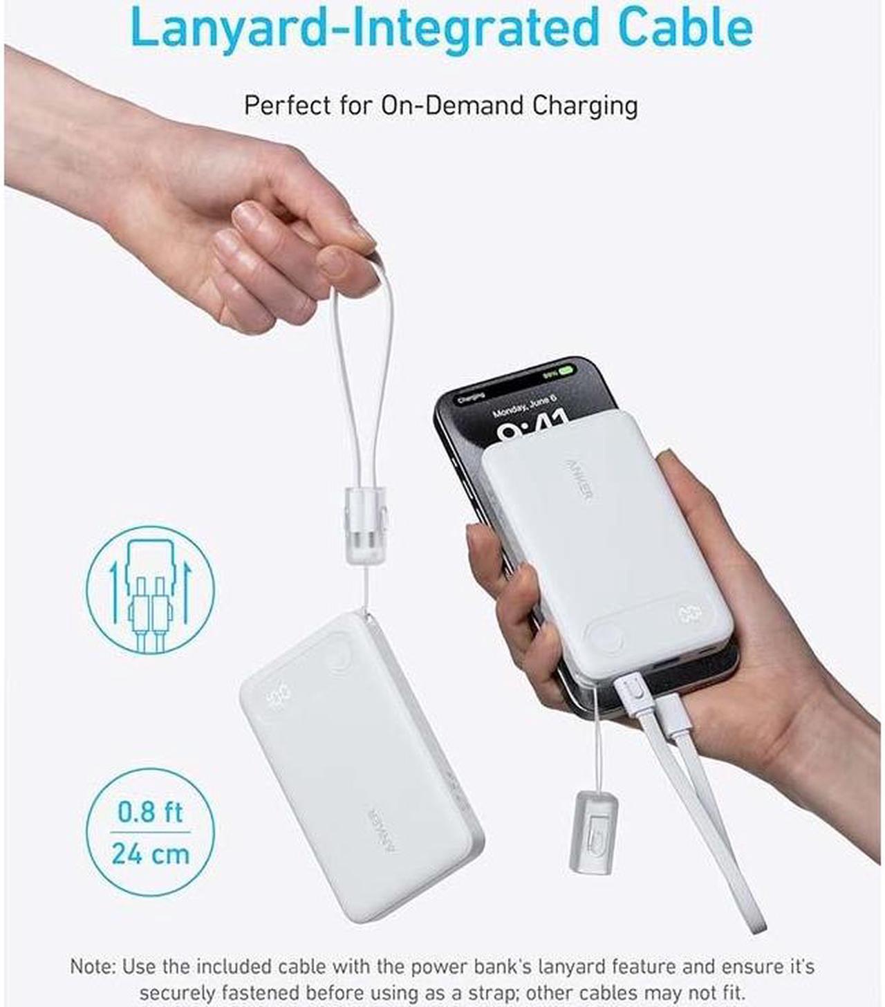 Alt view image 4 of 6 - Anker Power Bank, 10,000mAh Portable Charger with Built-in USB-C Cable and Lanyard, 22.5W Max Output with 2 USB-C and 1 USB-A Port, Battery Pack for iPhone 15/14, Galaxy S23, iPad, AirPods, and More