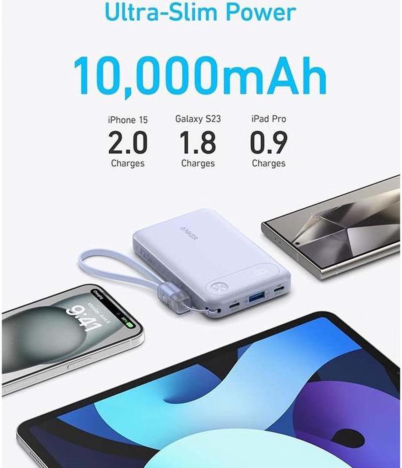 Alt view image 5 of 6 - Anker Power Bank, 10,000mAh Portable Charger with Built-in USB-C Cable and Lanyard, 22.5W Max Output with 2 USB-C and 1 USB-A Port, Battery Pack for iPhone 15/14, Galaxy S23, iPad, AirPods, and More