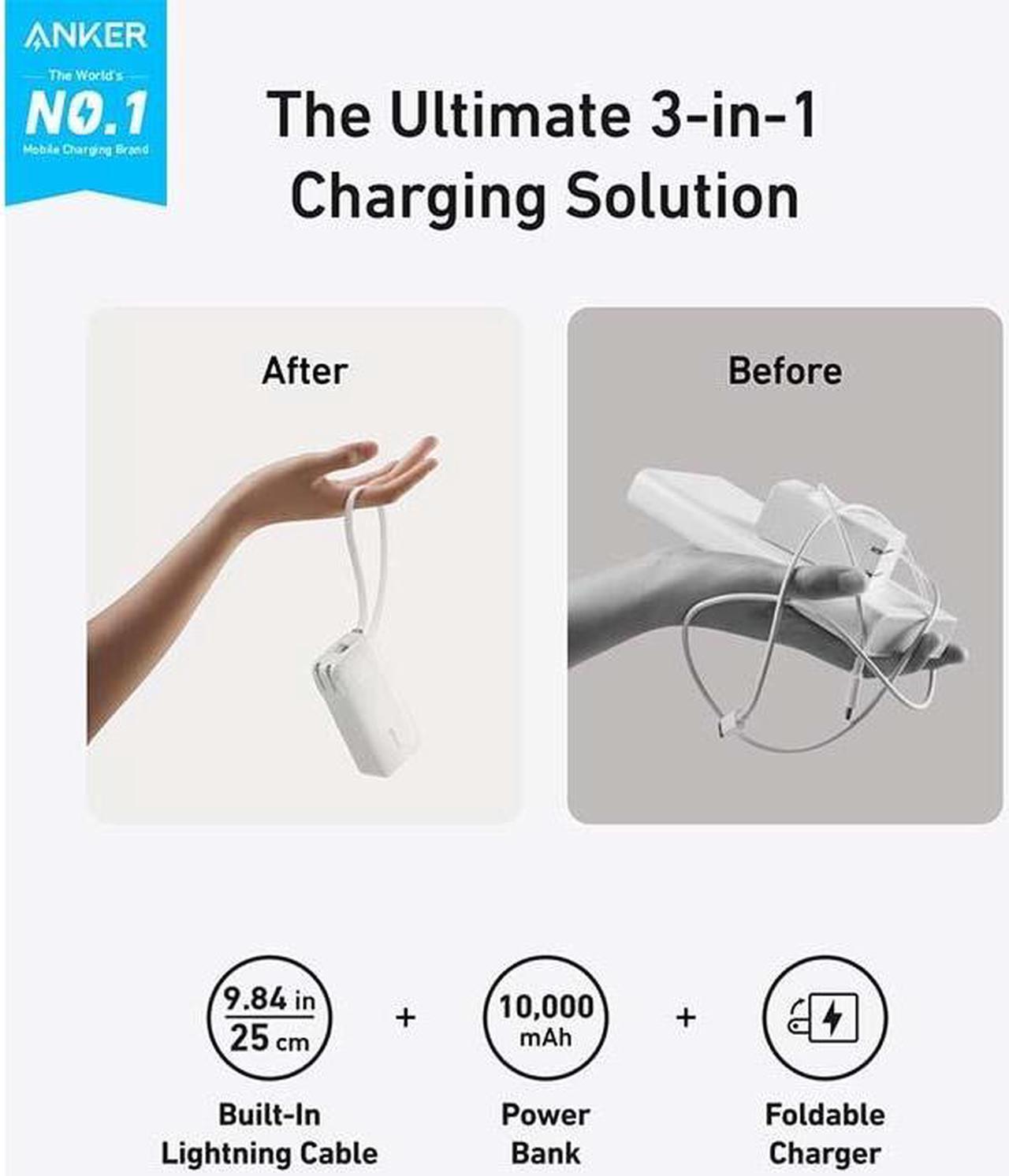 Alt view image 2 of 5 - Anker Nano 3-in-1 Power Bank, Built-in Lightning Cable, USB-C Port, Foldable AC Plug for Fast Recharging, 30W Max Output, 10,000mAh Capacity, Compatible with iPhone 14 Series, AirPods, and More