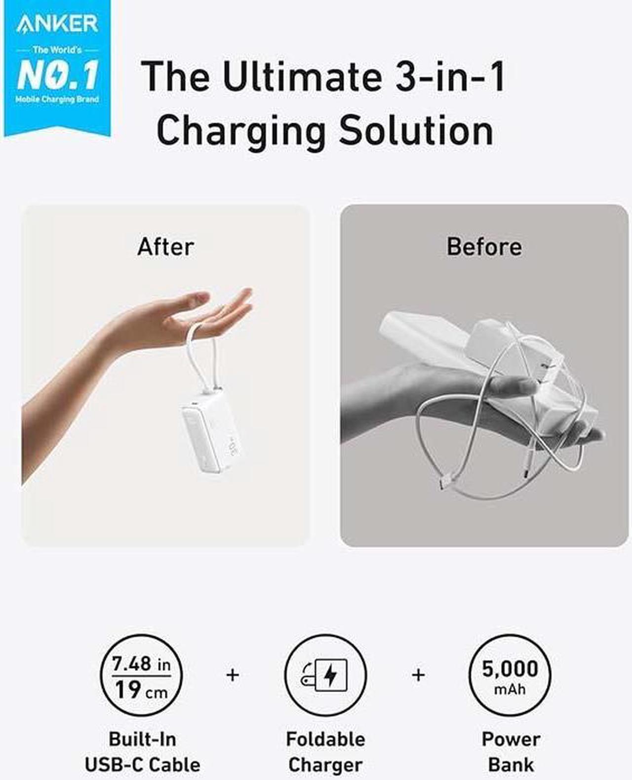 Alt view image 2 of 6 - Anker Power Bank USB C Charger Block, 3-in-1 5,000mAh Portable Charger with Built-in USB-C Cable and Foldable AC Plug, 30W Max Compact Battery Pack, for iPhone 15 Series, Galaxy, MacBook, and More