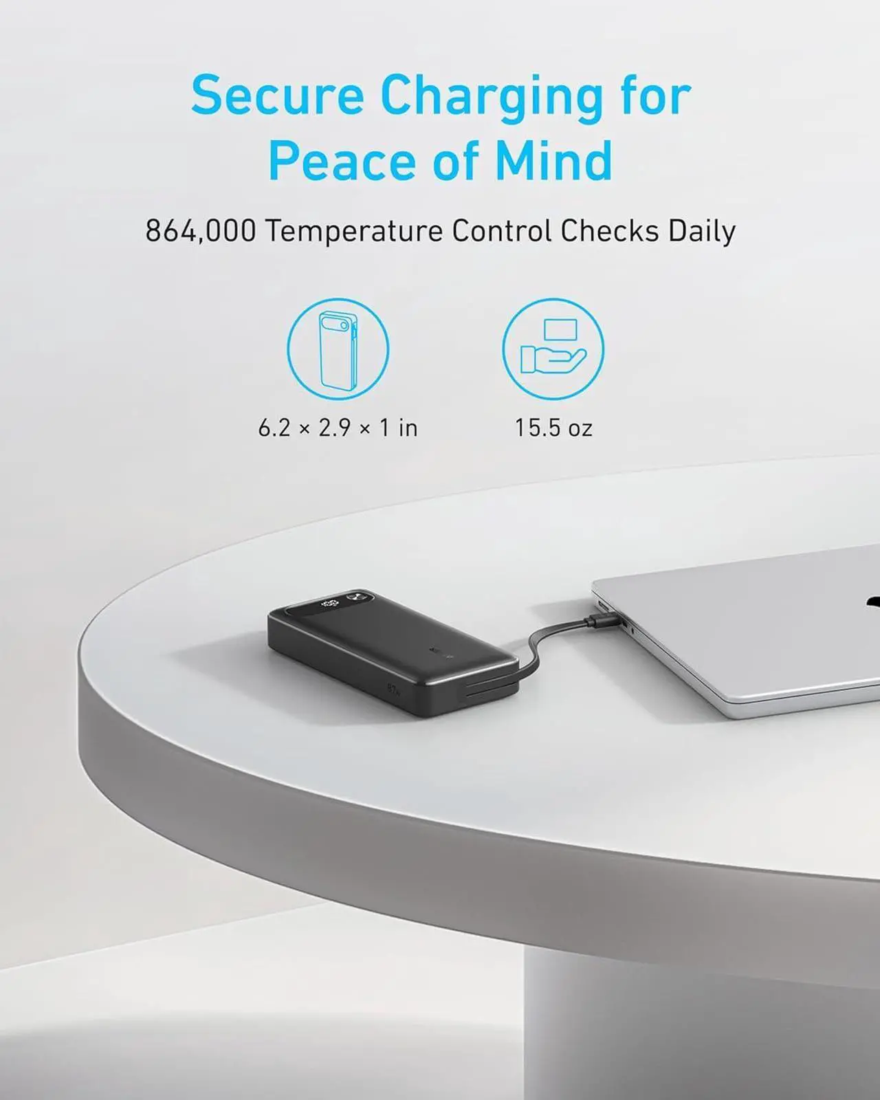 Alt view image 2 of 5 - Anker Power Bank, 20,000mAh Portable Charger with Built-in USB-C Cable, 87W Max Fast Charging Battery Pack for Laptop, 2 USB-C and 1 USB-A, for MacBook, iPhone 15 Series, Samsung, Switch, and More