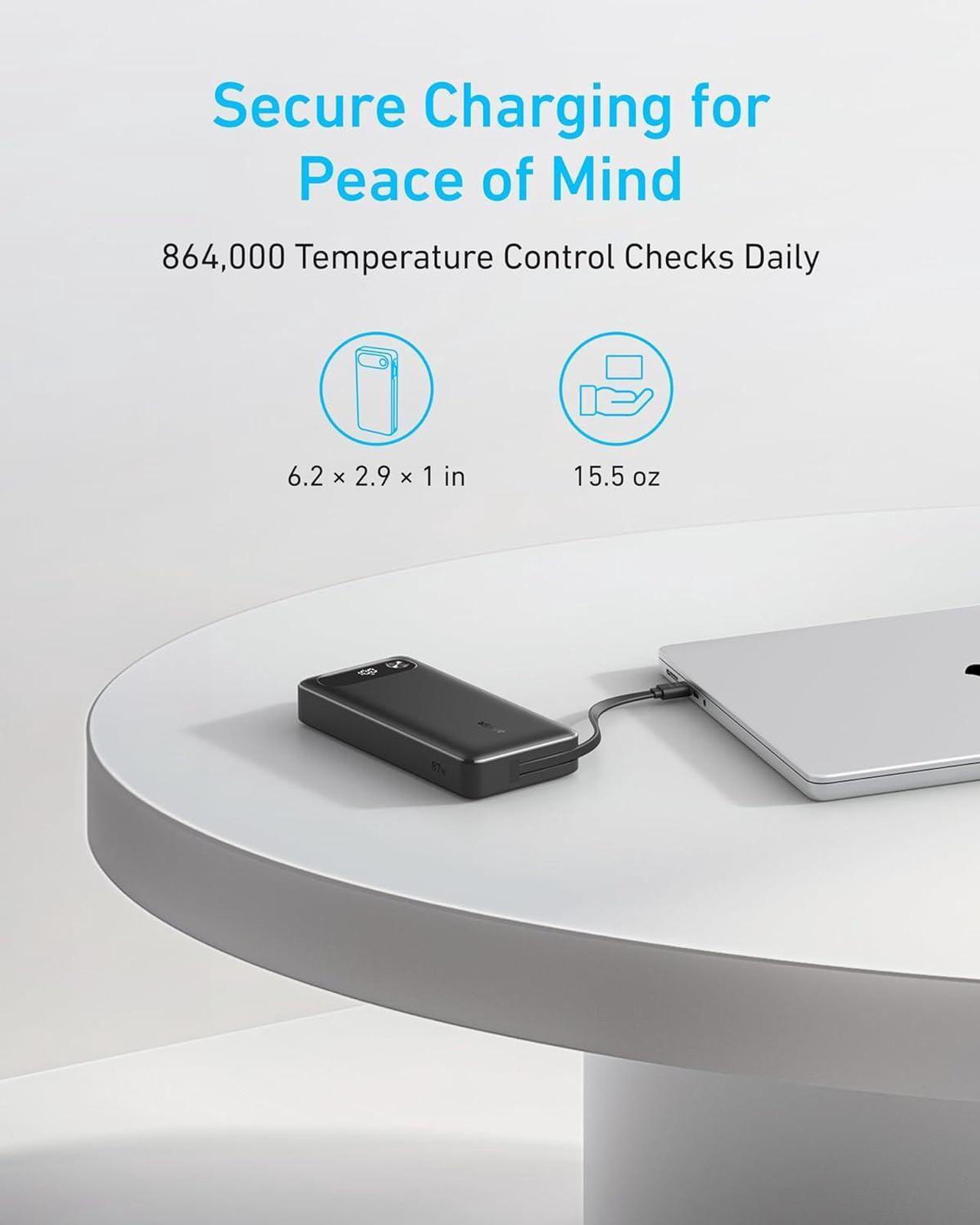 Alt view image 2 of 5 - Anker Power Bank, 20,000mAh Portable Charger with Built-in USB-C Cable, 87W Max Fast Charging Battery Pack for Laptop, 2 USB-C and 1 USB-A, for MacBook, iPhone 15 Series, Samsung, Switch, and More