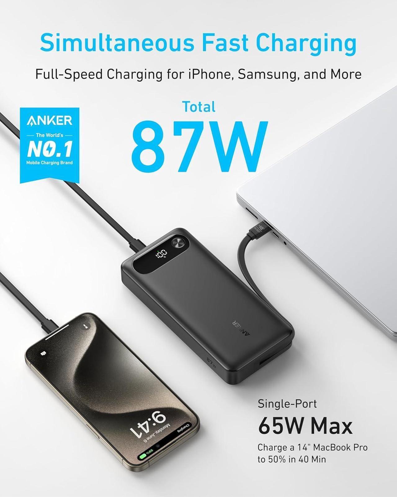 Alt view image 3 of 5 - Anker Power Bank, 20,000mAh Portable Charger with Built-in USB-C Cable, 87W Max Fast Charging Battery Pack for Laptop, 2 USB-C and 1 USB-A, for MacBook, iPhone 15 Series, Samsung, Switch, and More