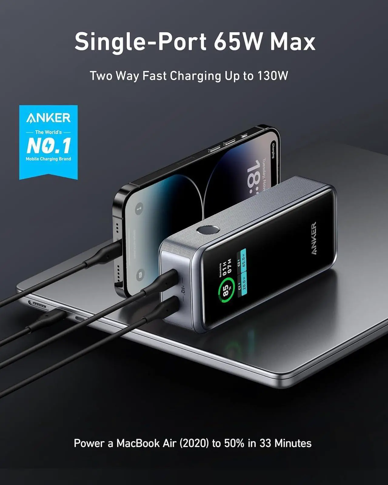 Alt view image 2 of 6 - Anker Prime Power Bank, 12,000 mAh 2-Port Portable Charger with 130W Output, Smart Digital Display, Compatible with iPhone 15/14/13 Series, MacBook, Dell
