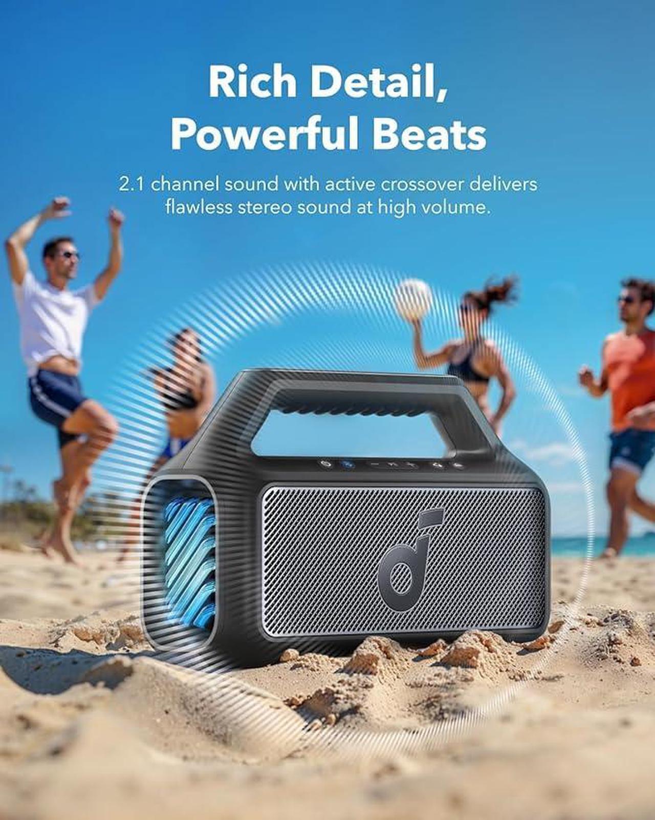 Alt view image 2 of 5 - Soundcore Boom 2 Outdoor Speaker, 80W, Subwoofer, BassUp 2.0, 24H Playtime, IPX7 Waterproof, Floatable, RGB Lights, USB-C, Custom EQ, Bluetooth 5.3, Portable for Outdoors, Camping, Beach
