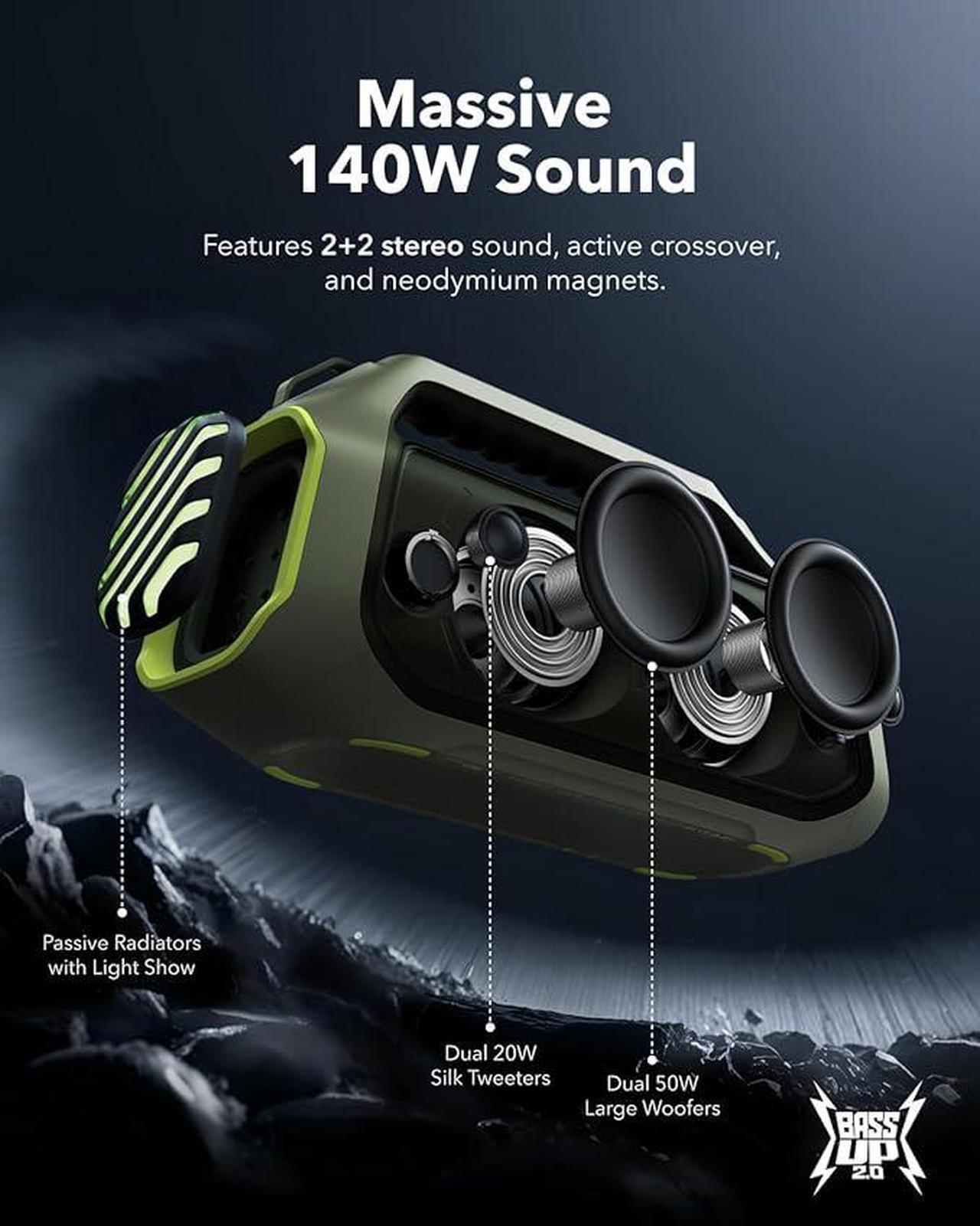 Alt view image 3 of 6 - Soundcore Boom 2 Plus Outdoor Speaker, 140W, 2+2 Channel, BassUp 2.0, 20H, Fast Charge, IPX7 Waterproof, RGB Lights, USB-C, Power Bank, BT 5.3, Portable Bluetooth Speaker, Camping, Beach, Backyard