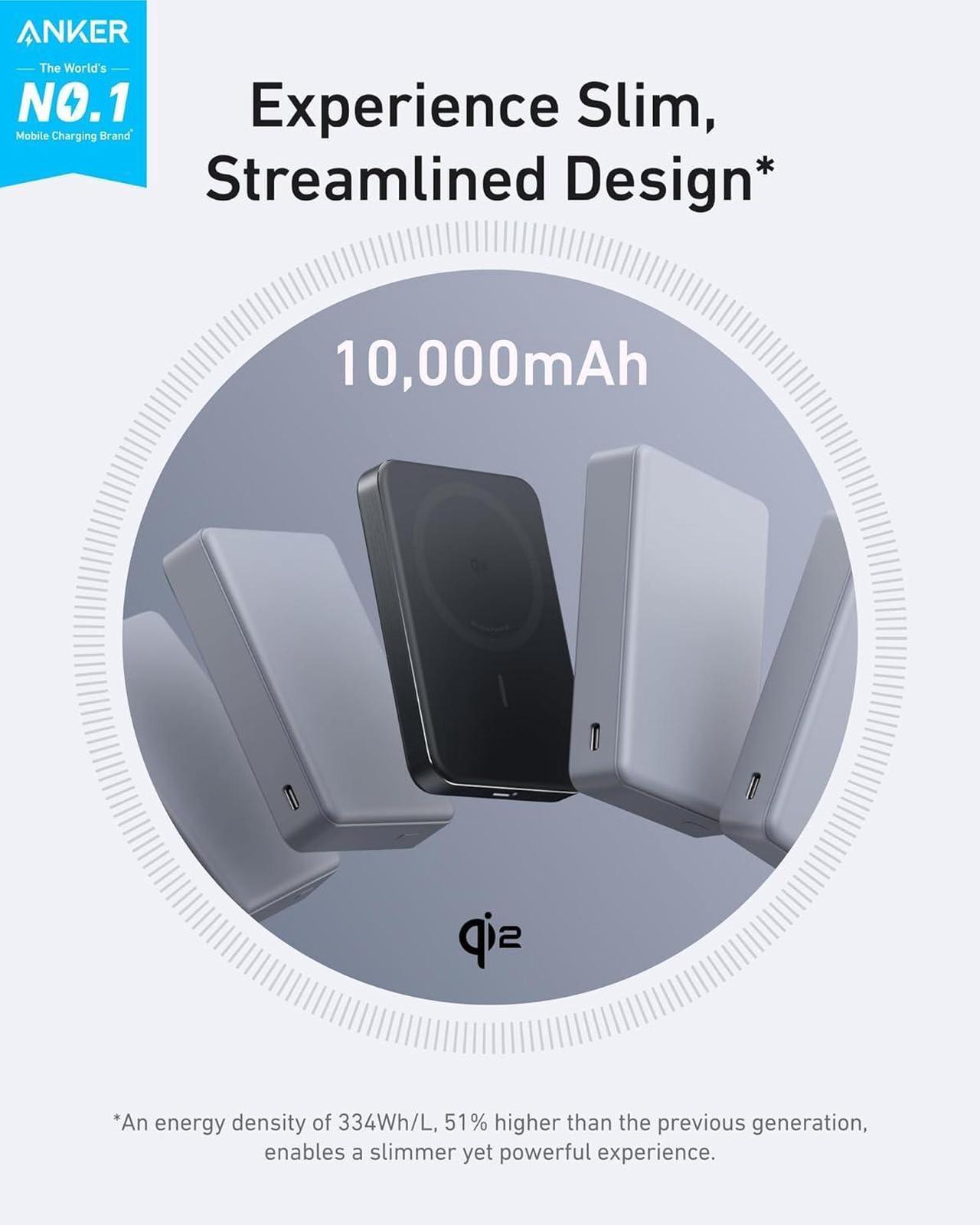 Alt view image 2 of 7 - Anker MagGo Power Bank, Ultra-Slim 10,000mAh Magnetic Battery Pack, Qi2 Certified 15W Ultra-Fast MagSafe Compatible Portable Charger, Ergonomic Design, for iPhone16/15/14/13/12 Series Only