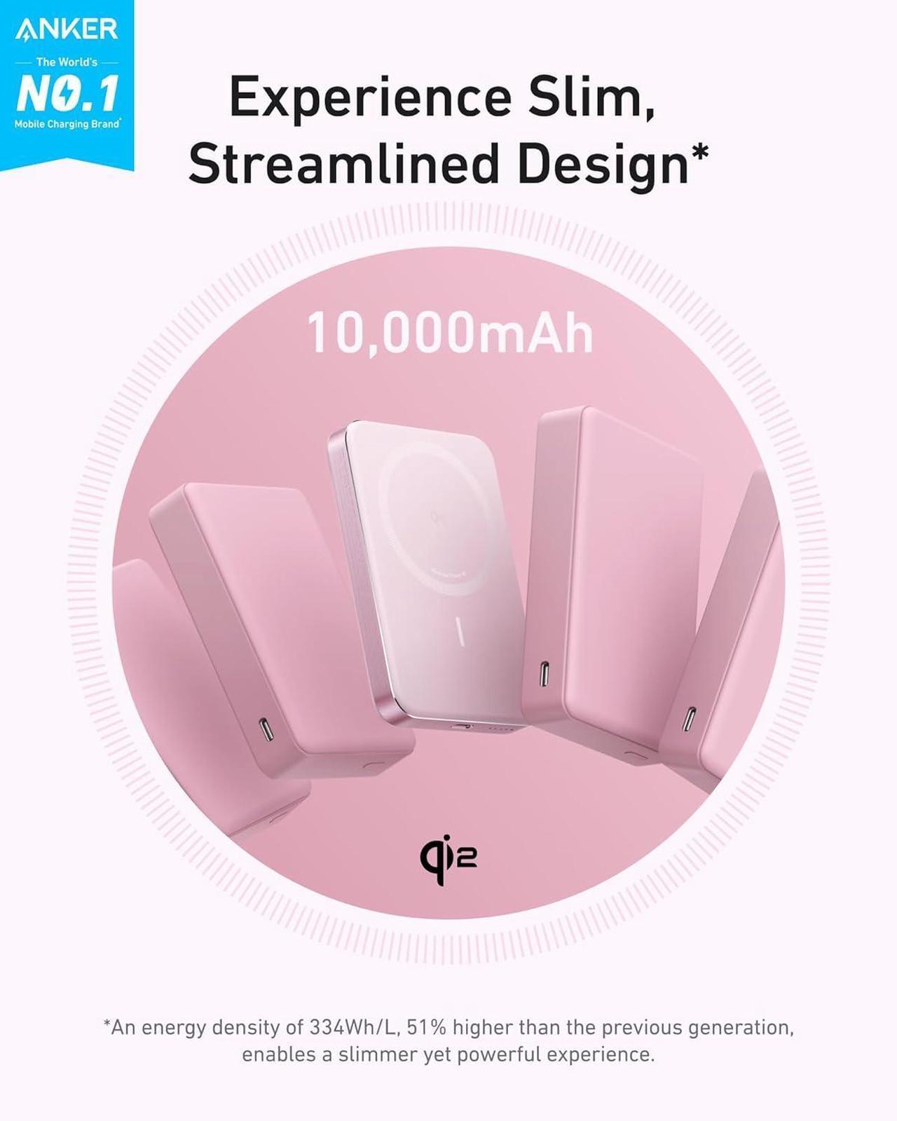 Alt view image 2 of 6 - Anker MagGo Power Bank, Ultra-Slim 10,000mAh Magnetic Battery Pack, Qi2 Certified 15W Ultra-Fast MagSafe Compatible Portable Charger, Ergonomic Design, for iPhone16/15/14/13/12 Series Only Pink