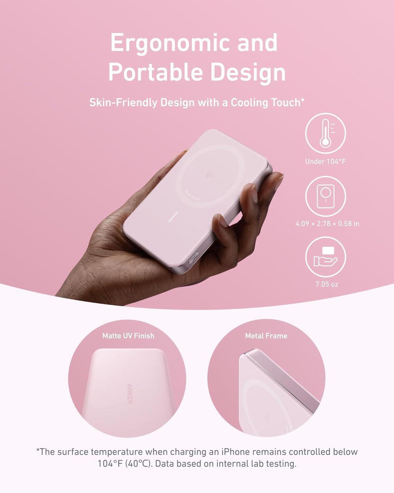 Alt view image 4 of 6 - Anker MagGo Power Bank, Ultra-Slim 10,000mAh Magnetic Battery Pack, Qi2 Certified 15W Ultra-Fast MagSafe Compatible Portable Charger, Ergonomic Design, for iPhone16/15/14/13/12 Series Only Pink