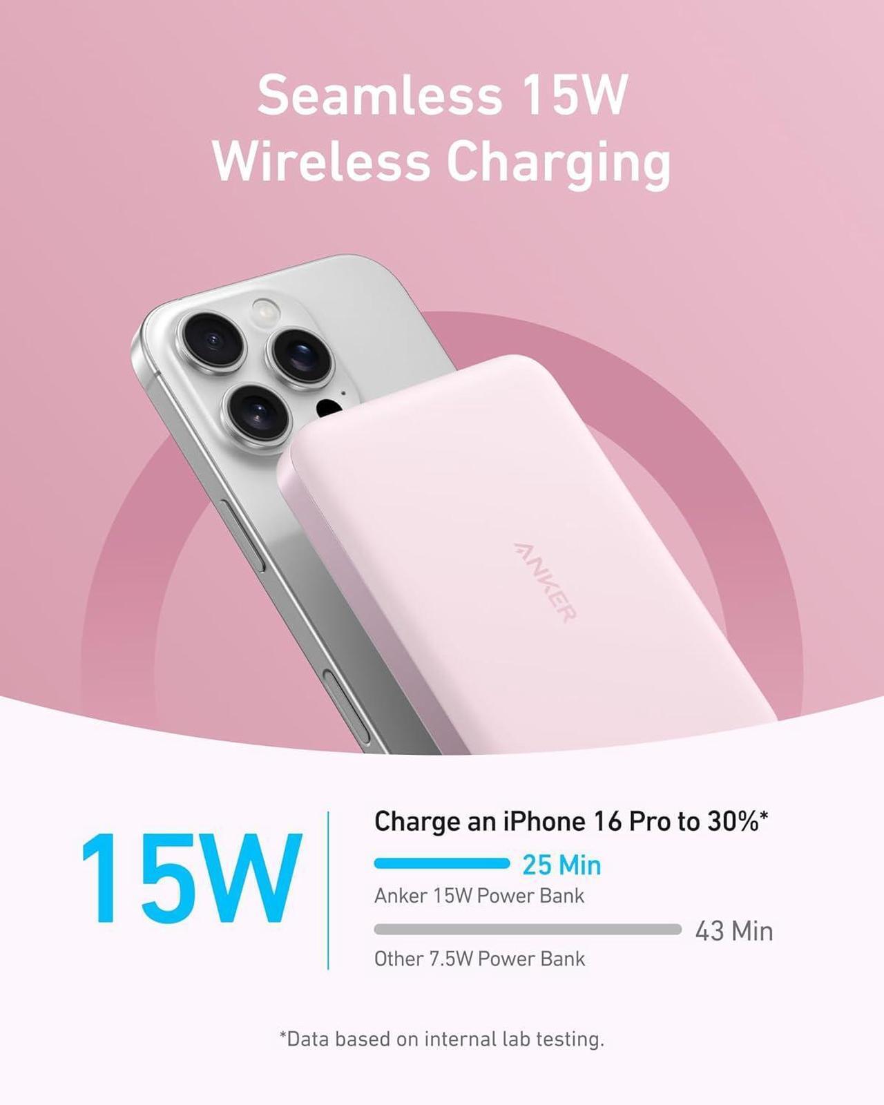Alt view image 3 of 6 - Anker MagGo Power Bank, Ultra-Slim 10,000mAh Magnetic Battery Pack, Qi2 Certified 15W Ultra-Fast MagSafe Compatible Portable Charger, Ergonomic Design, for iPhone16/15/14/13/12 Series Only Pink