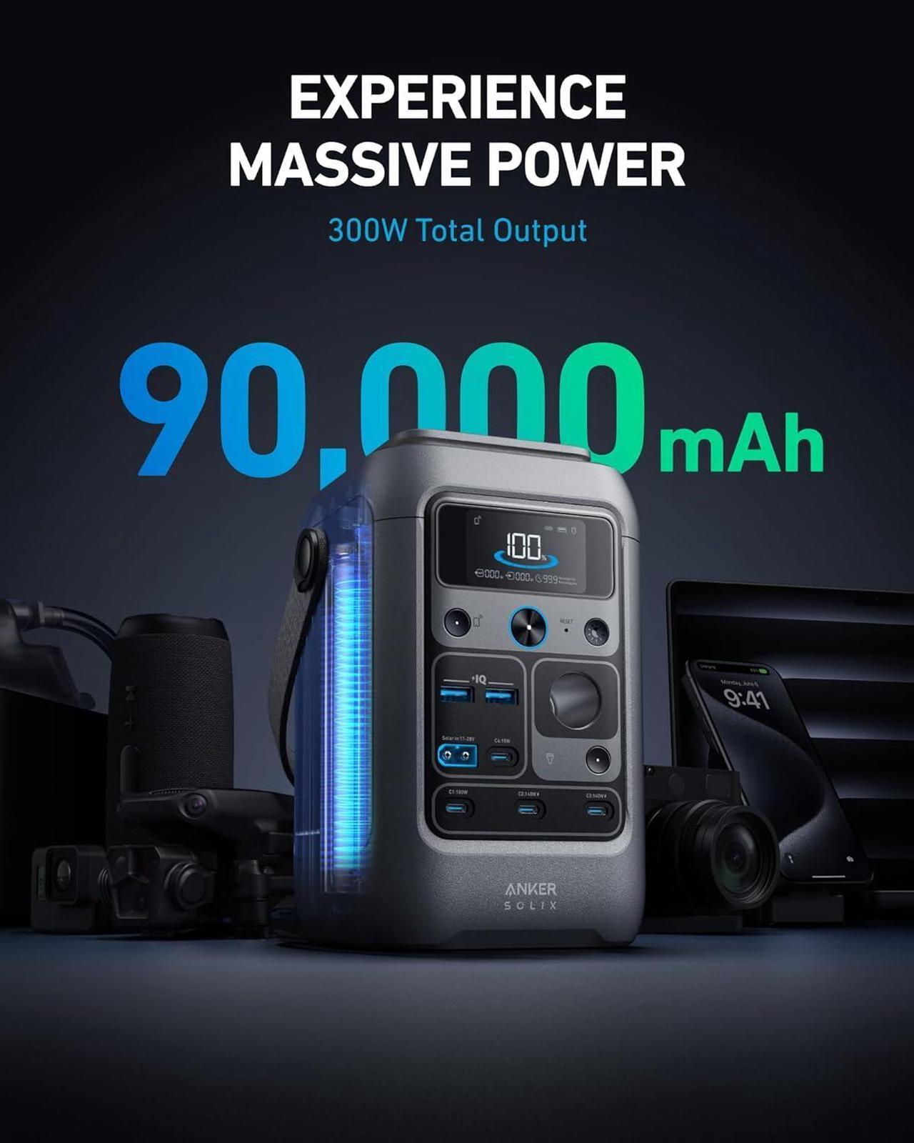 Alt view image 2 of 7 - Anker SOLIX C300 DC Power Bank Station, Outdoor 288Wh (90,000mAh), Portable Power Station, LiFePO4 Battery, 300W Solar Generator, for Camping, Traveling, and Emergencies (No Wall Charger Included)