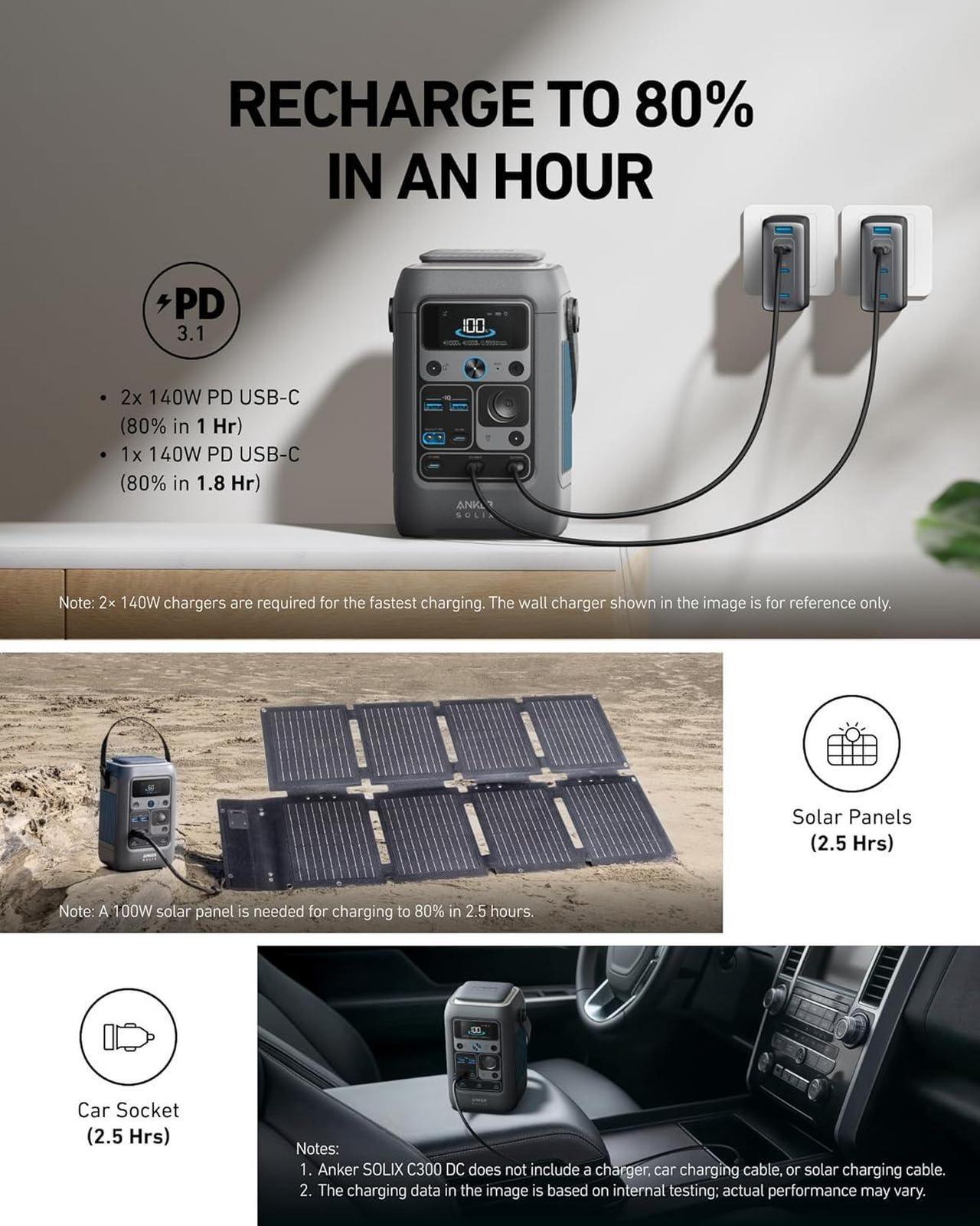 Alt view image 4 of 7 - Anker SOLIX C300 DC Power Bank Station, Outdoor 288Wh (90,000mAh), Portable Power Station, LiFePO4 Battery, 300W Solar Generator, for Camping, Traveling, and Emergencies (No Wall Charger Included)