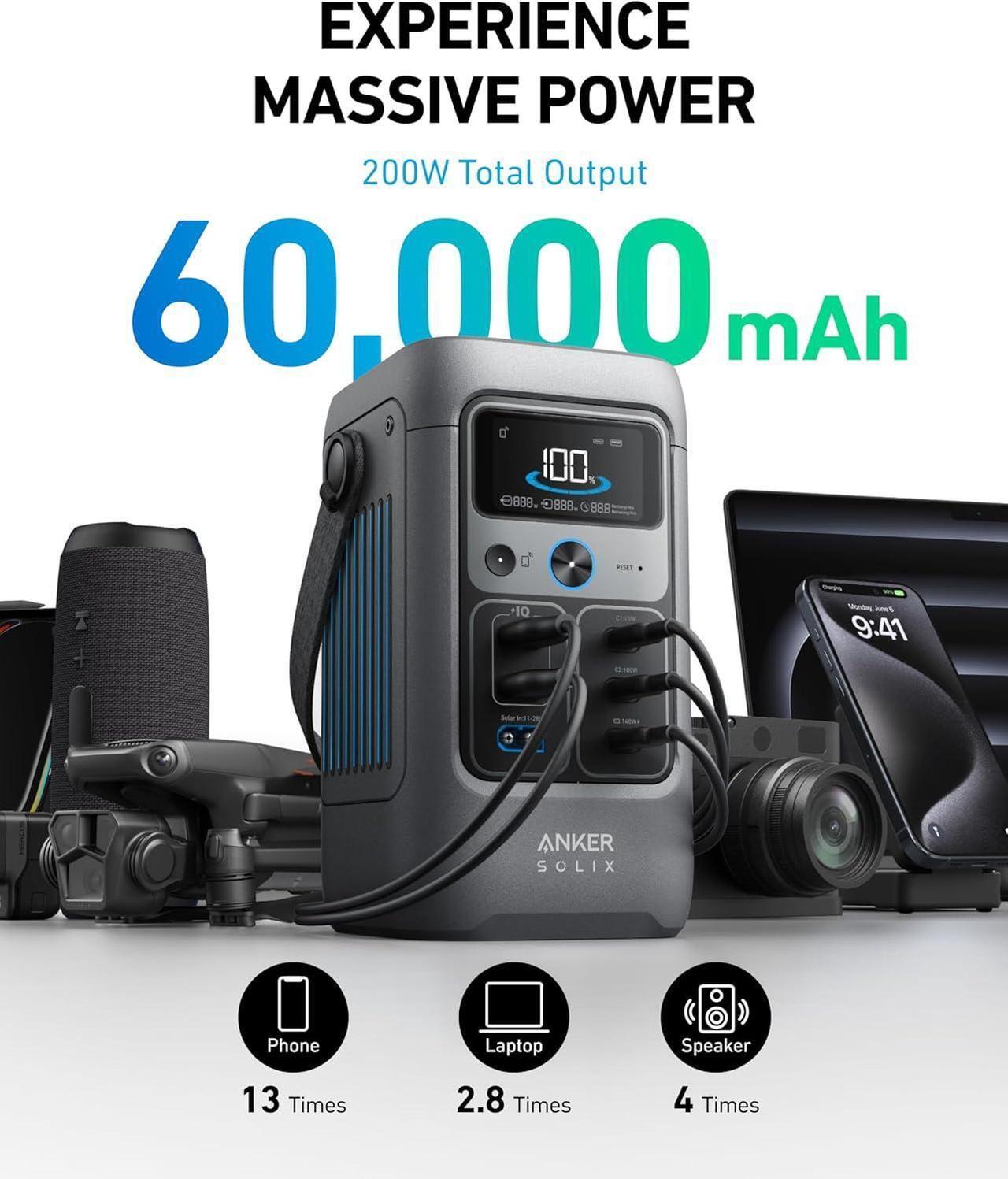 Alt view image 2 of 7 - Anker SOLIX C200 DC Power Bank Station (60,000mAh), 192Wh Portable Power Station, LiFePO4 Battery, 200W Solar Generator, for Outdoor Camping, Traveling, and Emergencies (No Wall Charger Included)