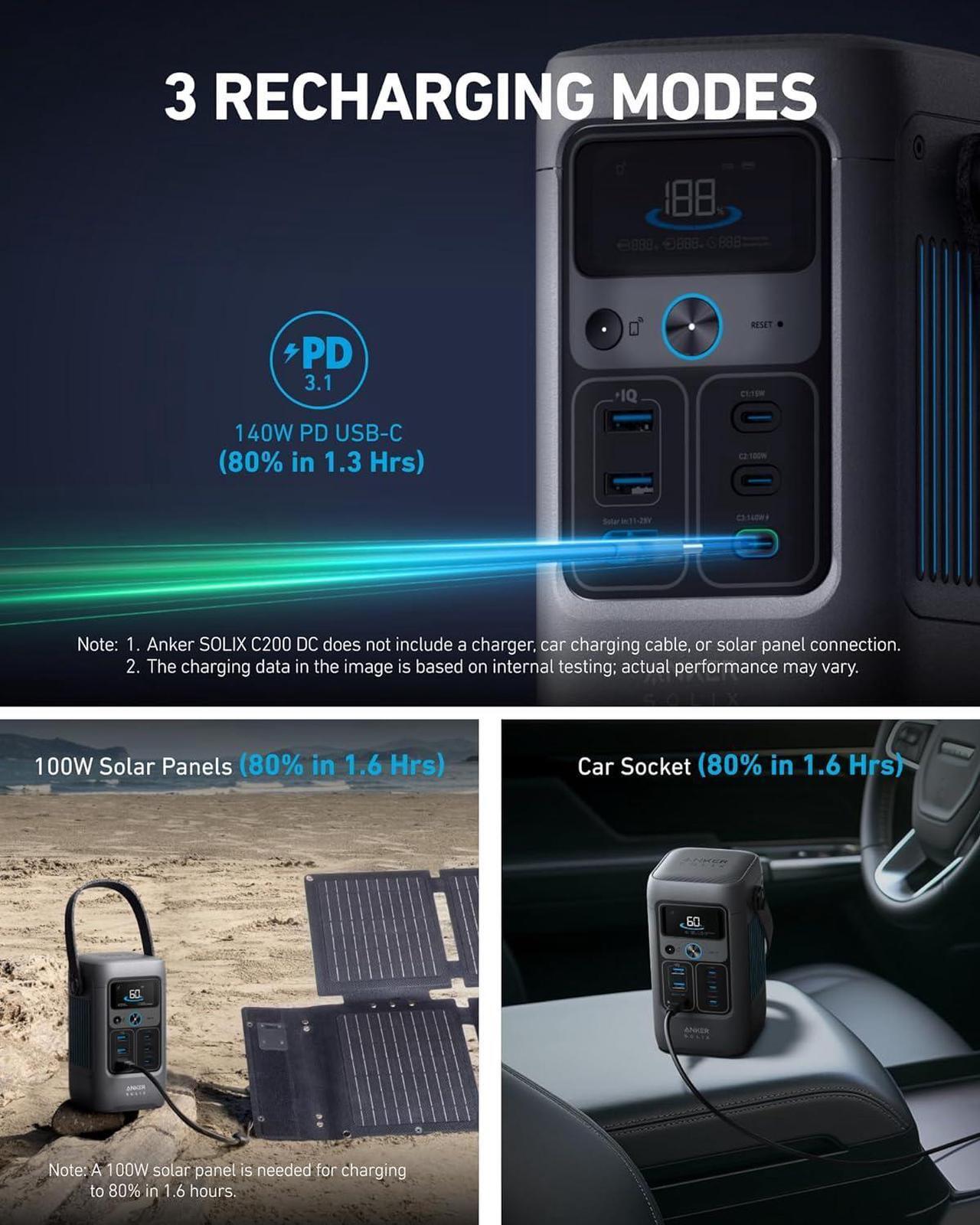 Alt view image 6 of 7 - Anker SOLIX C200 DC Power Bank Station (60,000mAh), 192Wh Portable Power Station, LiFePO4 Battery, 200W Solar Generator, for Outdoor Camping, Traveling, and Emergencies (No Wall Charger Included)