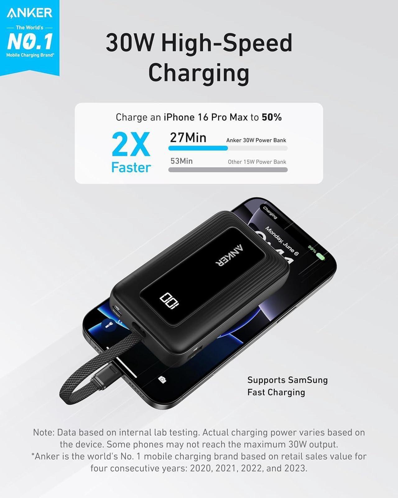 Alt view image 2 of 6 - Anker Zolo Portable Charger, 10,000mAh 30W Power Bank with Built-in Lanyard USB-C Cable for Travel, Fast Charging Battery Pack for iPhone 16/15 Series, MacBook, Galaxy, iPad, and More