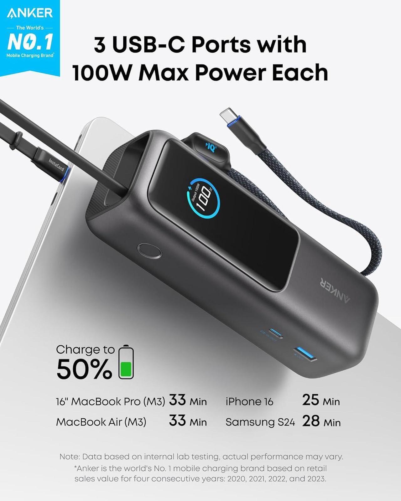 Alt view image 2 of 6 - Anker Laptop Power Bank, 25,000mAh Portable Charger with Triple 100W USB-C Ports for Multi-Device Charging, Built-in and Retractable Cables, for iPhone 16/15 Series, MacBook, Samsung, and More