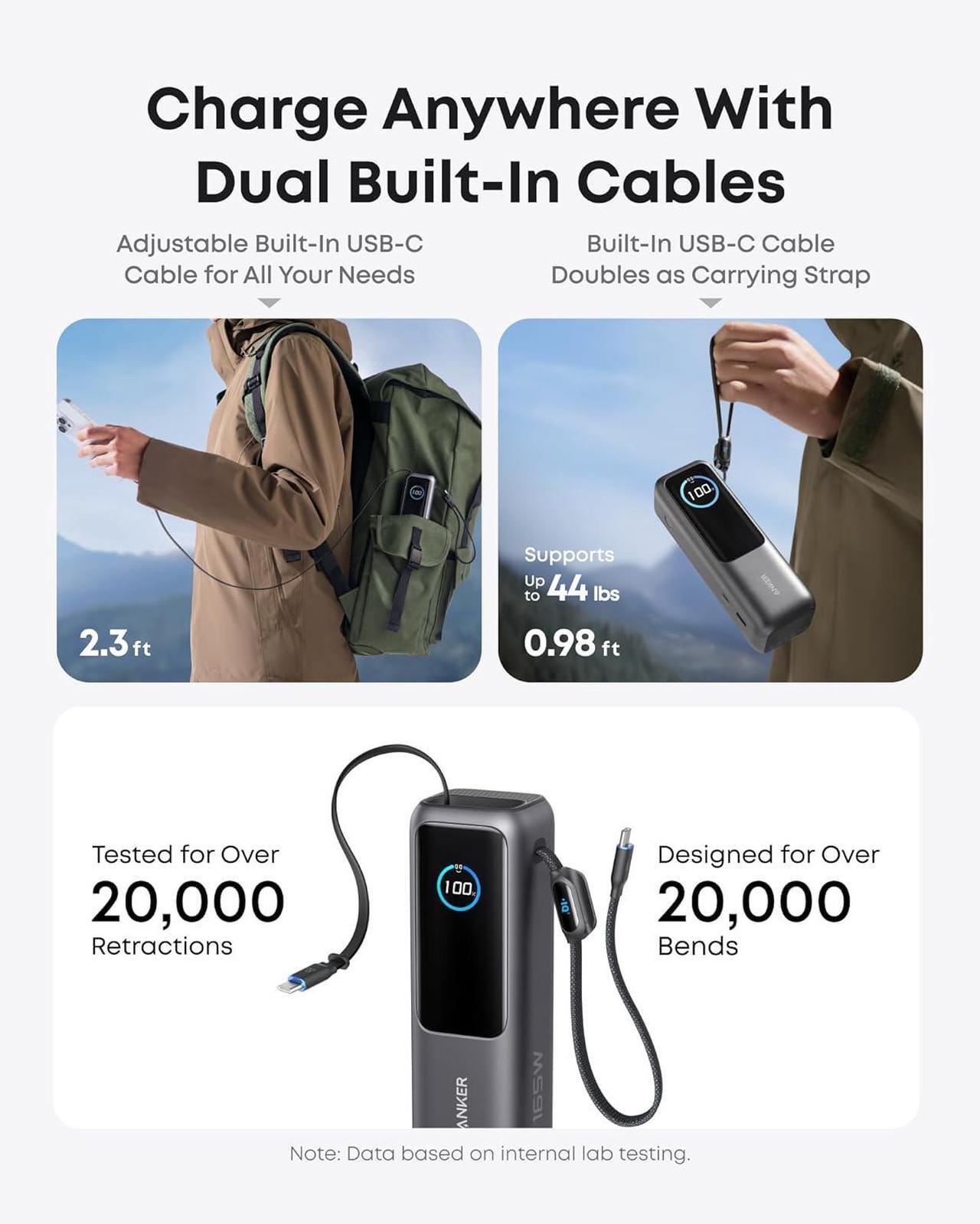 Alt view image 3 of 6 - Anker Laptop Power Bank, 25,000mAh Portable Charger with Triple 100W USB-C Ports for Multi-Device Charging, Built-in and Retractable Cables, for iPhone 16/15 Series, MacBook, Samsung, and More