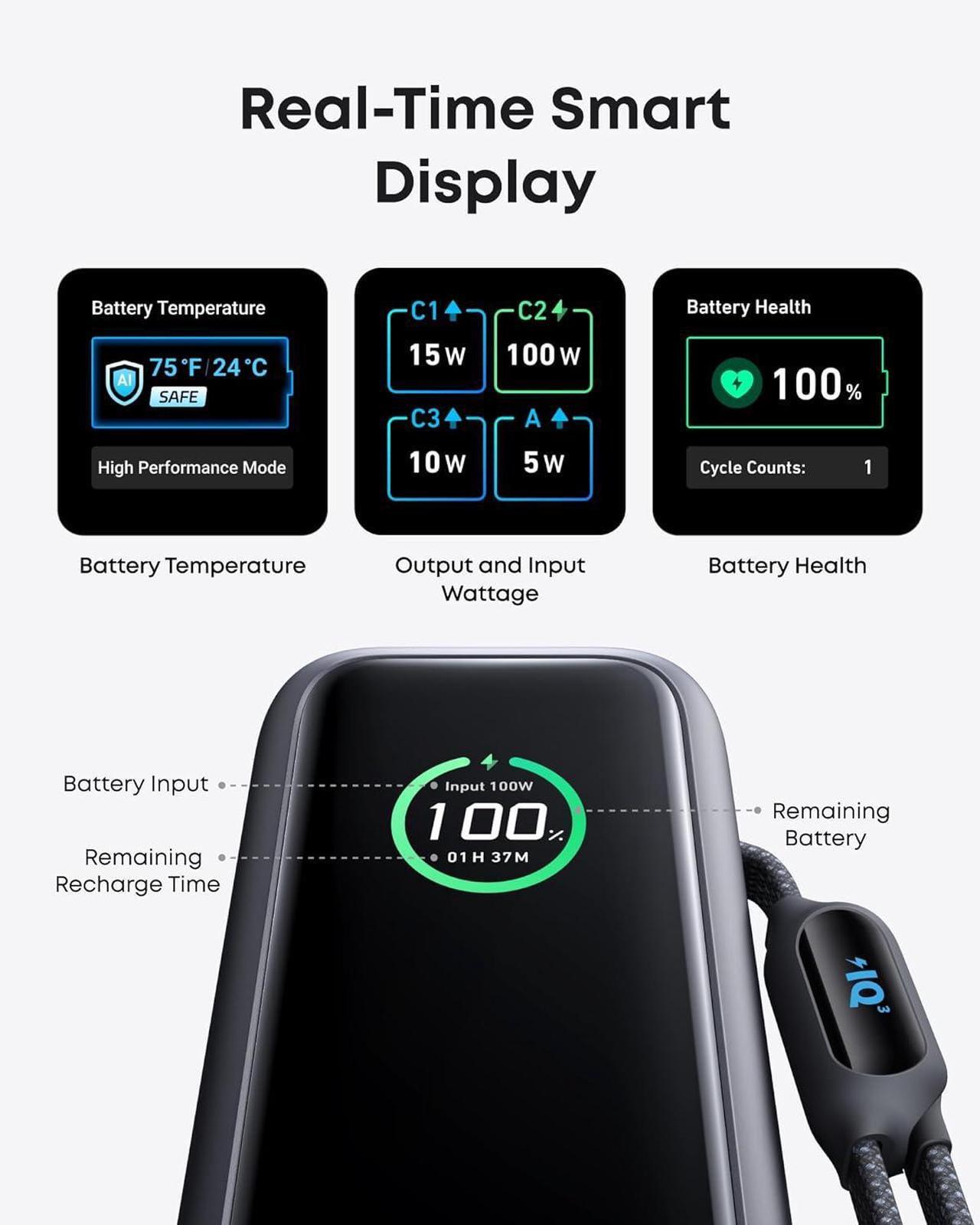 Alt view image 6 of 6 - Anker Laptop Power Bank, 25,000mAh Portable Charger with Triple 100W USB-C Ports for Multi-Device Charging, Built-in and Retractable Cables, for iPhone 16/15 Series, MacBook, Samsung, and More
