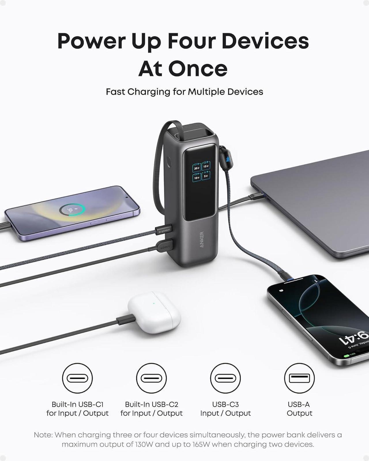Alt view image 5 of 6 - Anker Laptop Power Bank, 25,000mAh Portable Charger with Triple 100W USB-C Ports for Multi-Device Charging, Built-in and Retractable Cables, for iPhone 16/15 Series, MacBook, Samsung, and More