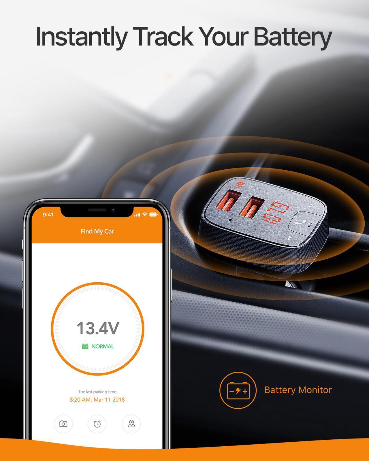 Alt view image 6 of 6 - Anker Roav SmartCharge F2 Bluetooth FM Transmitter, Wireless Audio Adapter and Receiver, Car Charger with Bluetooth 4.2, Car Locator, App Support, 2 USB ports, PowerIQ, AUX Out, and USB Drive Slot